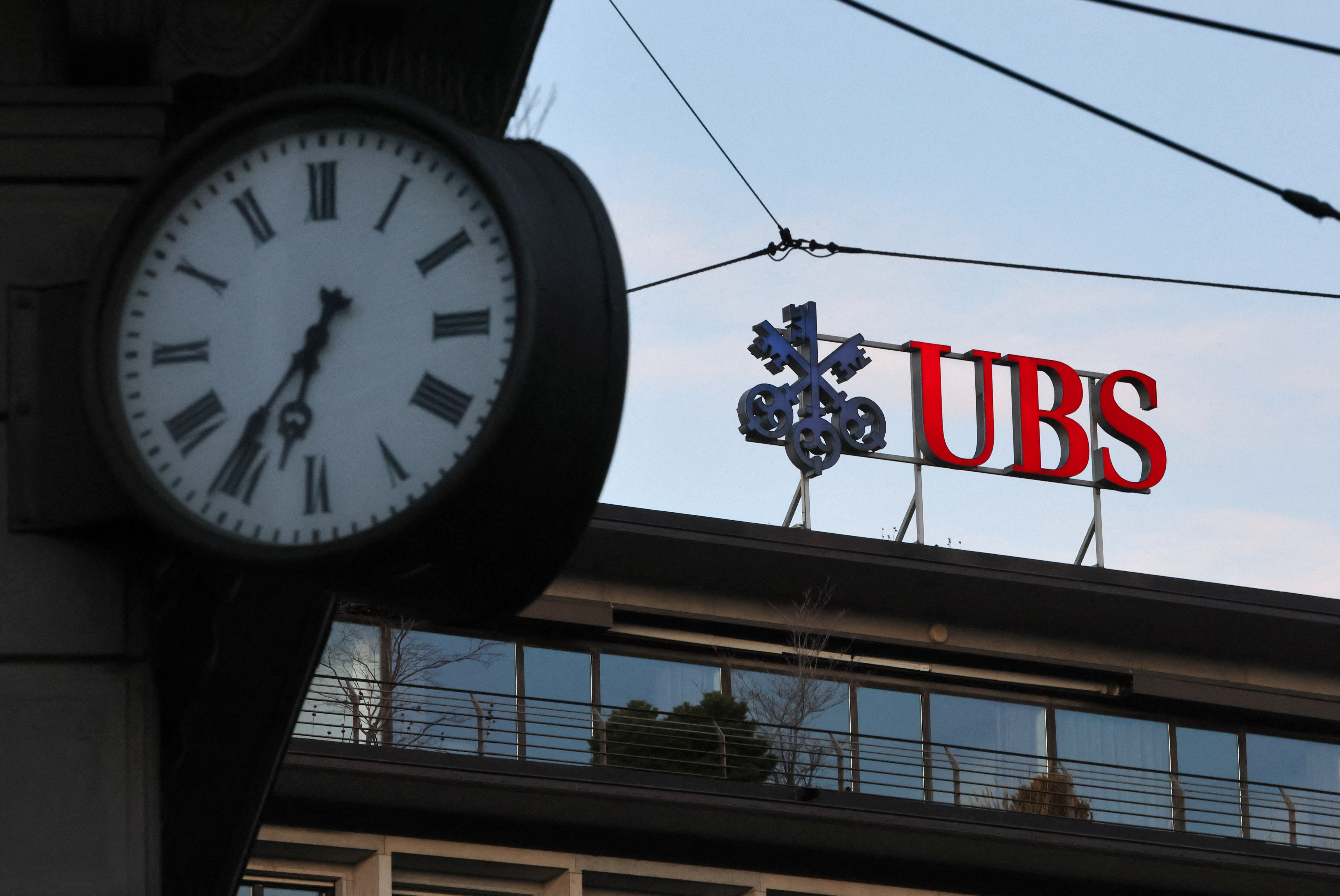 A logo of the Swiss bank UBS is seen on the Paradeplatz in Zurich