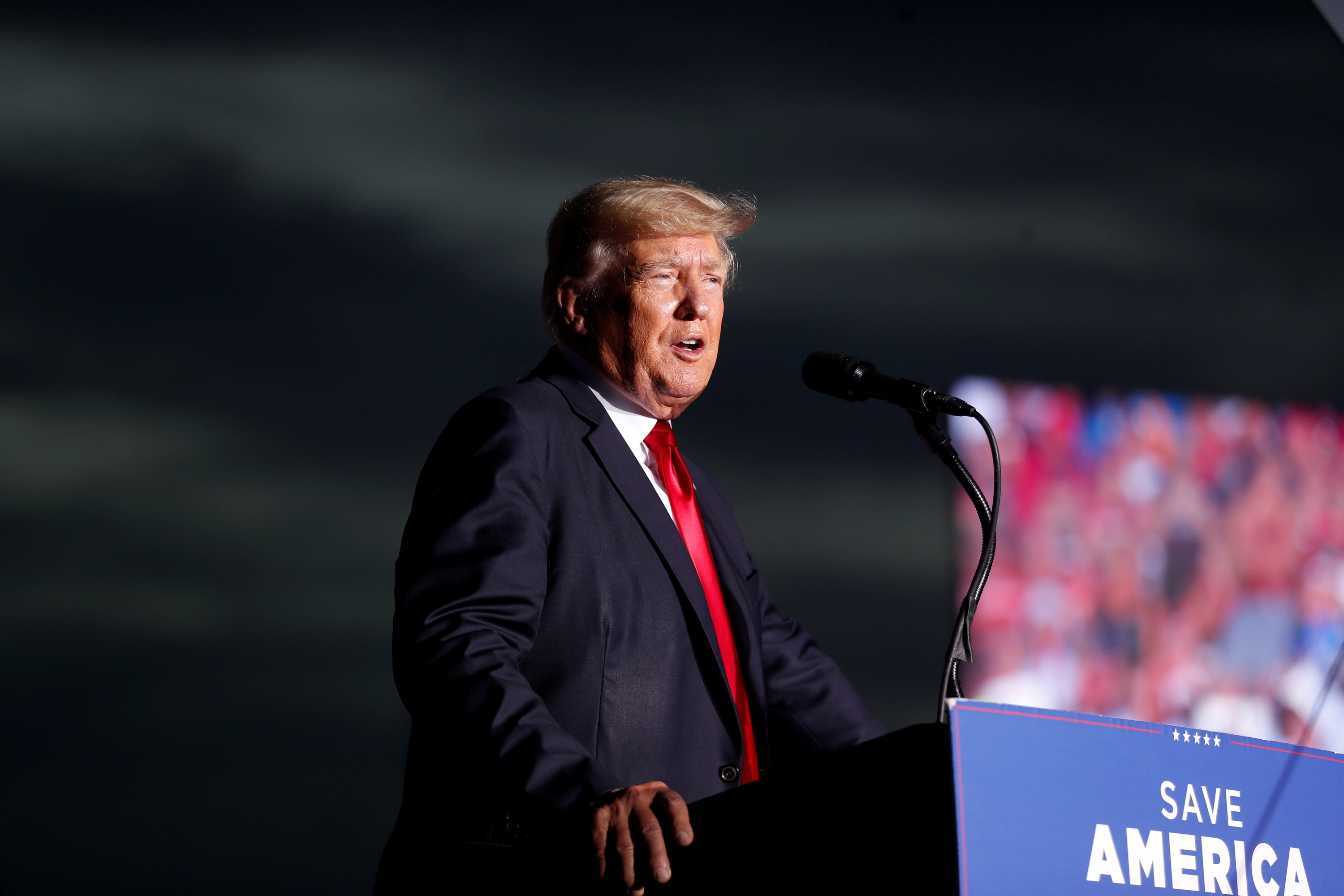 Former President Donald Trump speaks to his supporters during the Save America Rally at the Sarasota Fairgrounds in Sarasota, Florida, U.S. July 3, 2021. REUTERS/Octavio Jones