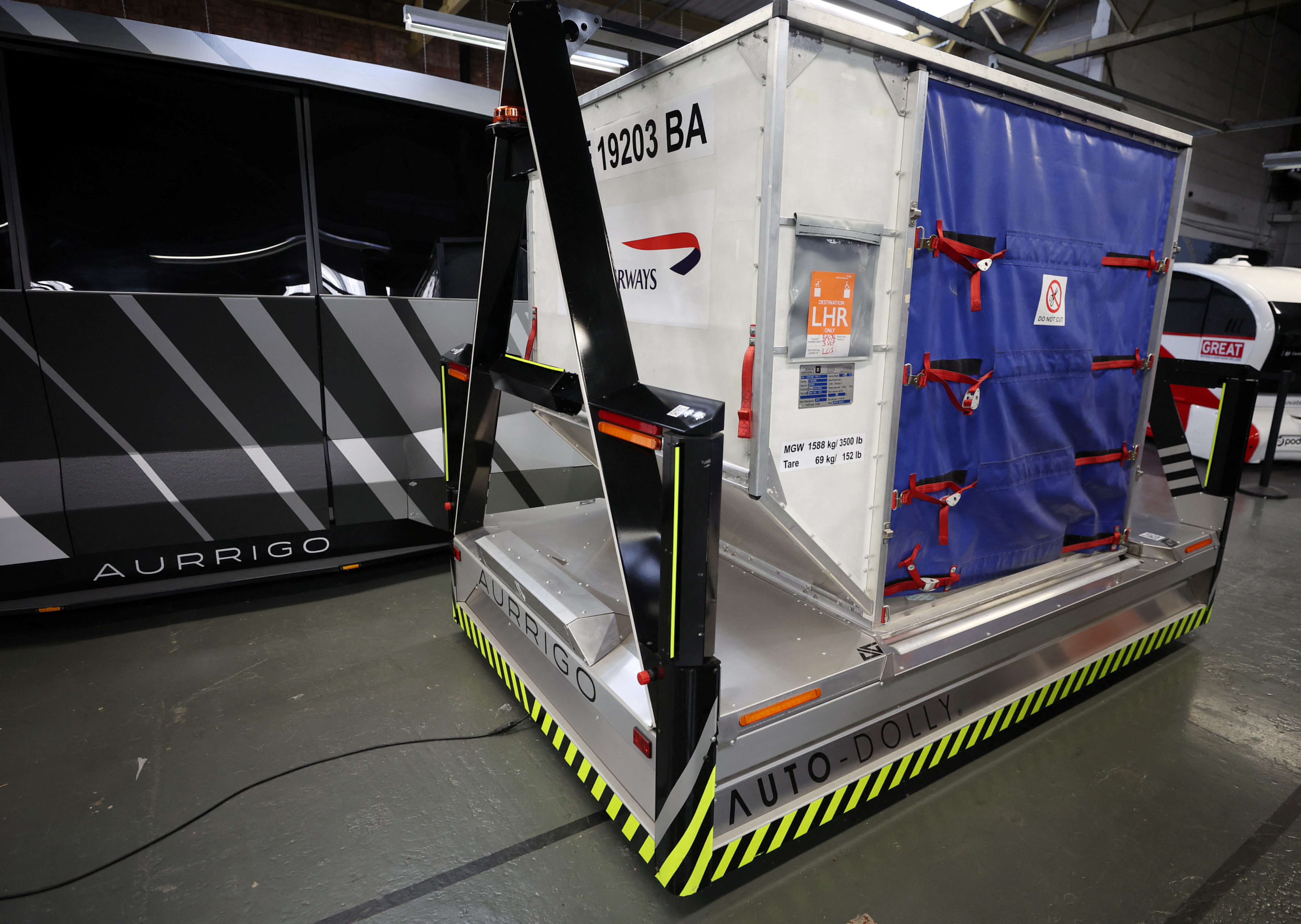 An autonomous ‘Auto-Dolly’ baggage transporter is seen inside the Aurrigo factory in Coventry