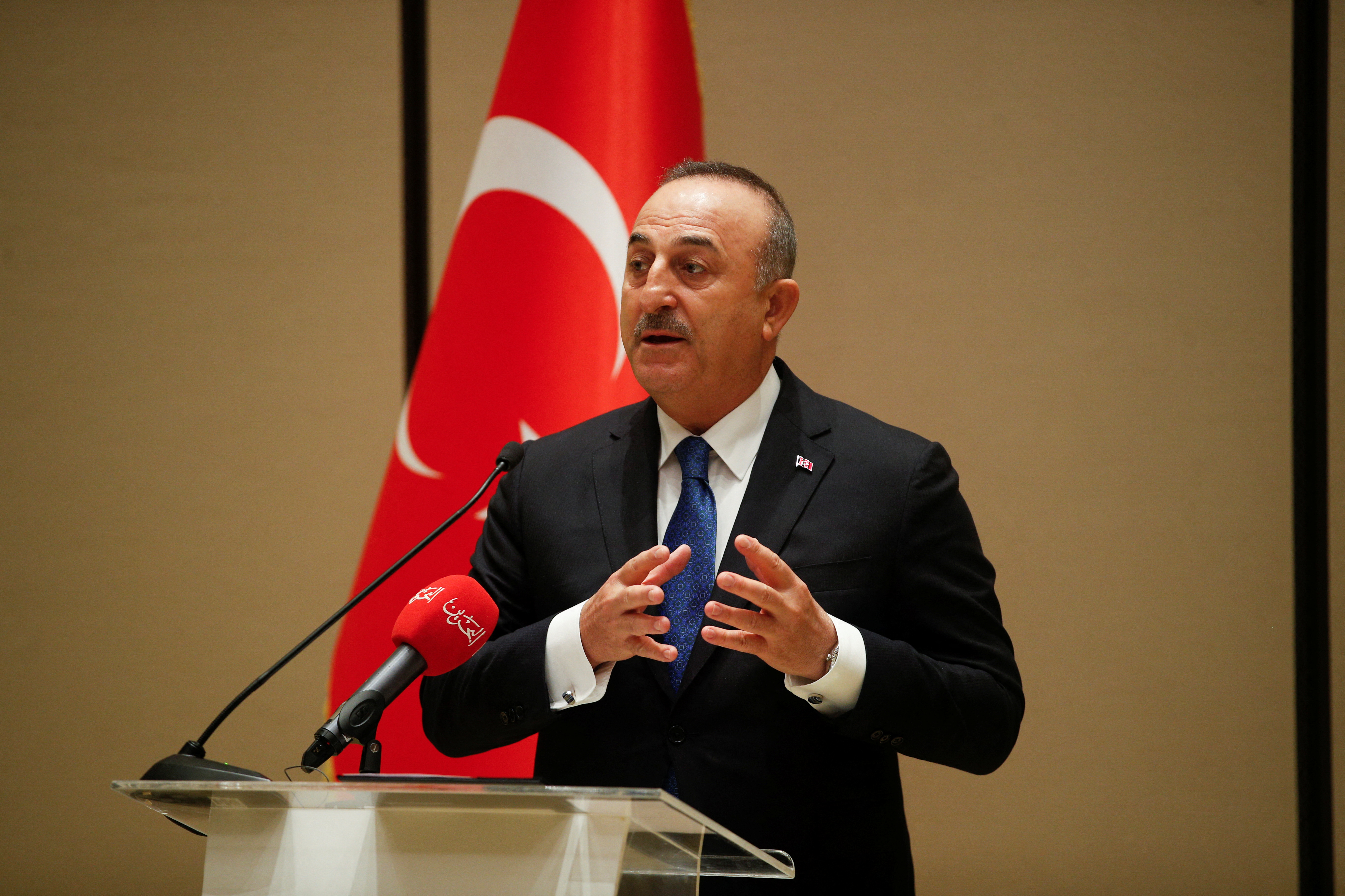 Turkish Foreign Minister Mevlut Cavusoglu speaks during a joint news conference with Bahrain's Foreign Minister Abdullatif Al-Zayani, in Manama