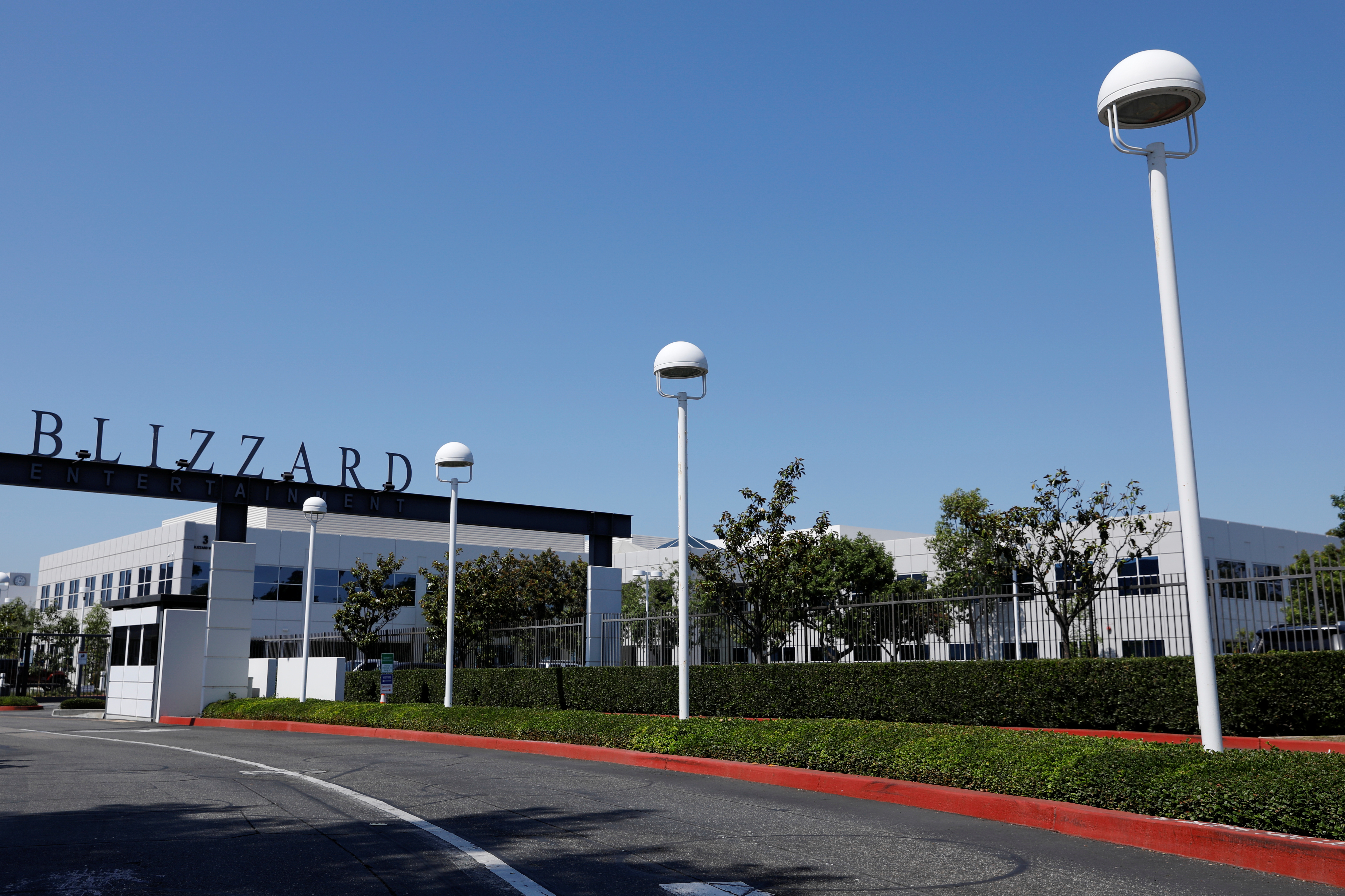 The entrance to the Activision Blizzard Inc. campus is shown in Irvine, California