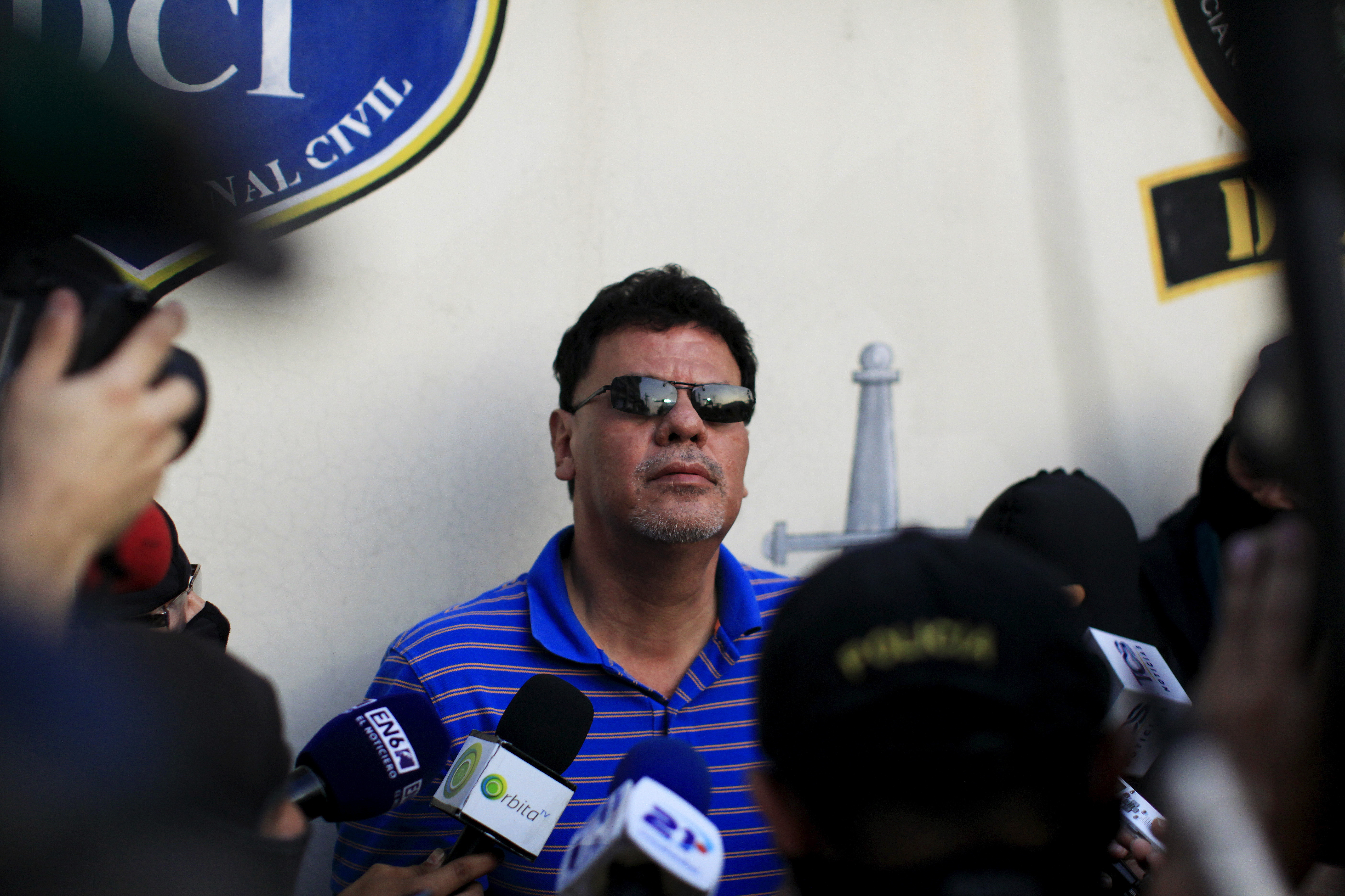 Former president of El Salvador's soccer federation Reynaldo Vazquez is presented to the media after his arrest in San Salvador, El Salvador