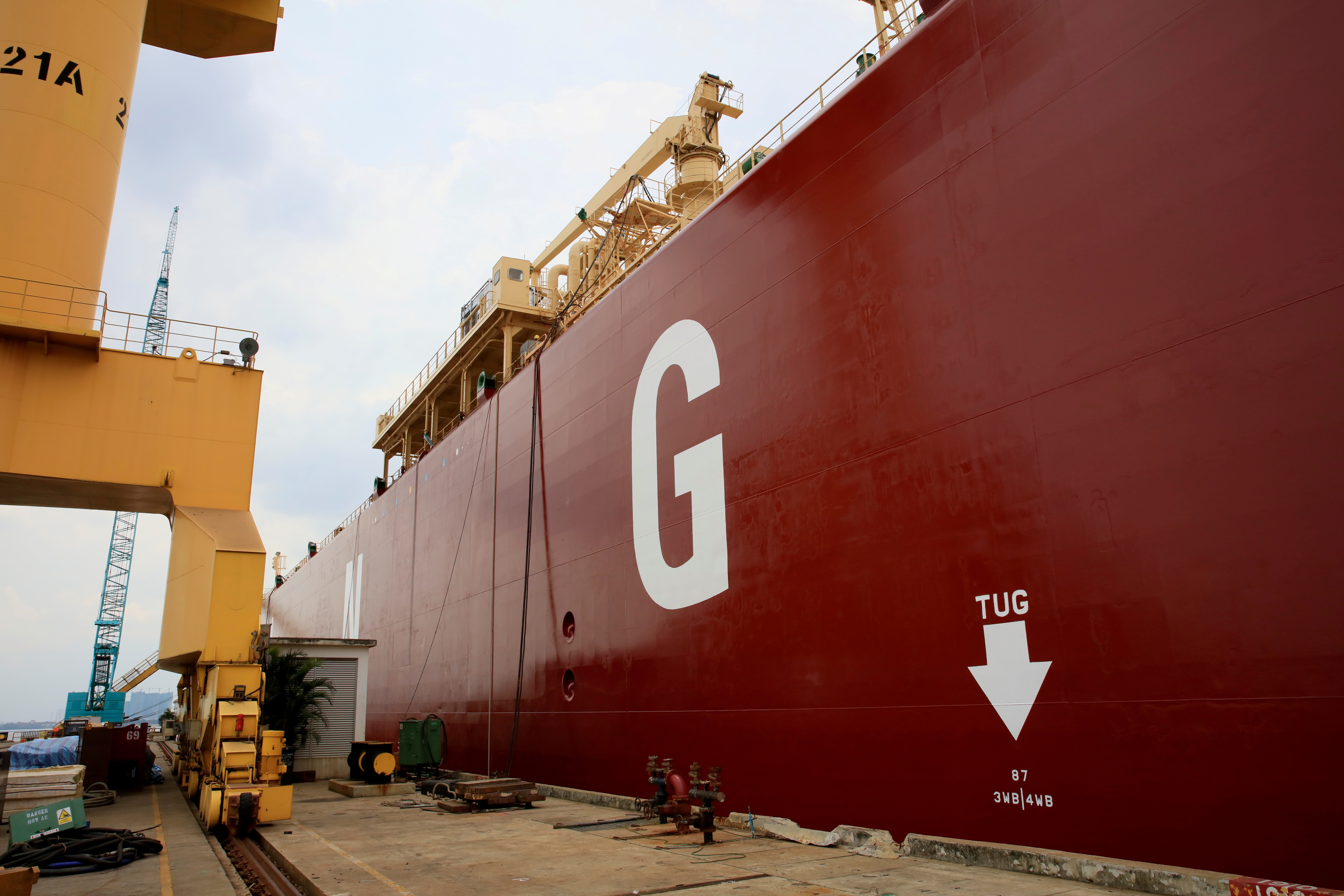 A South Korean-owned LNG tanker vessel is seen at Sembawabg shipyard in Singapore