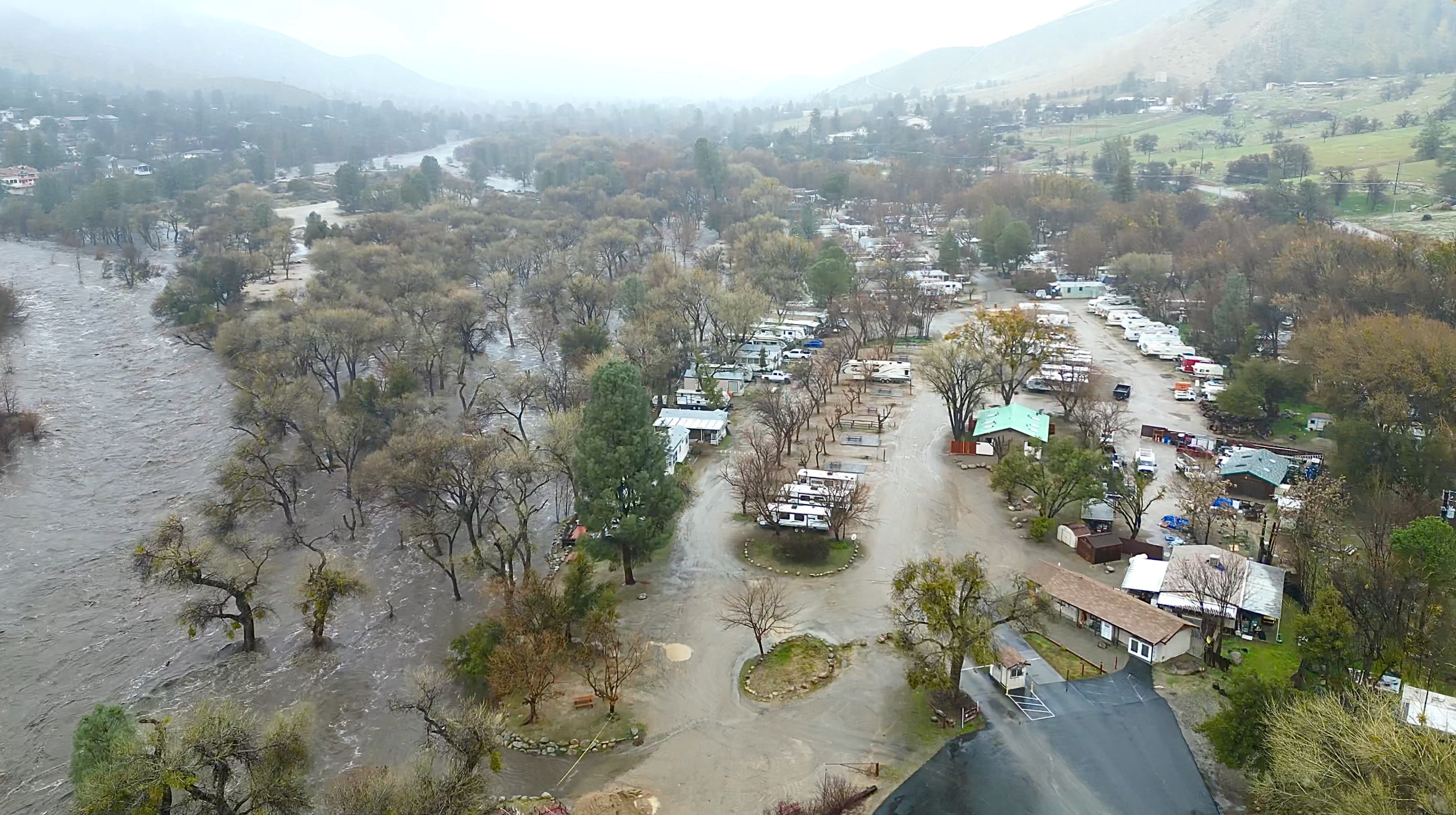 An aerial view of the overflowing Kern River in Kernville, California