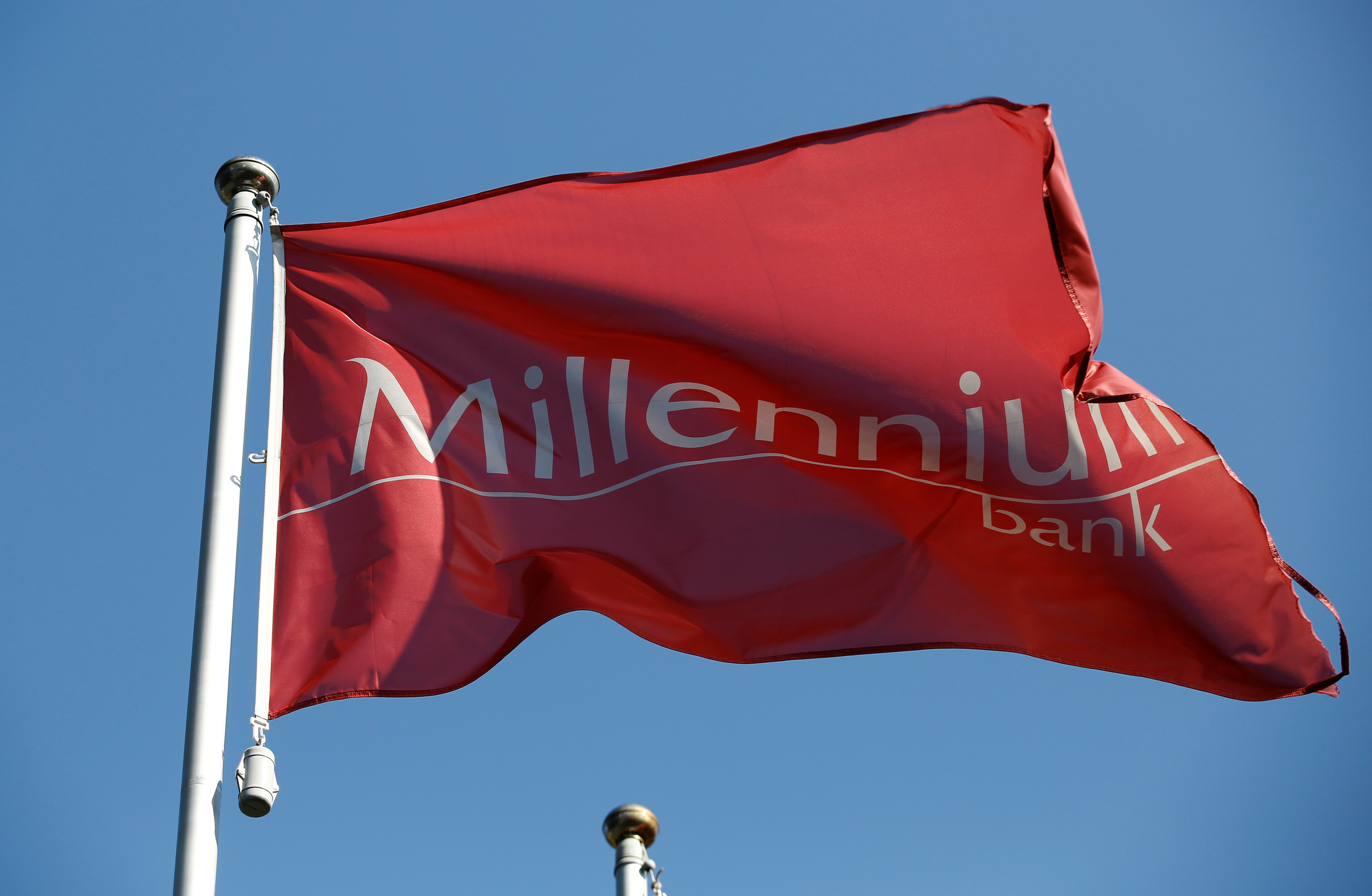 Logo of Millennium bank, Polish unit of Portugal's Millennium BCP, is pictured on the bank headquarters  in Warsaw