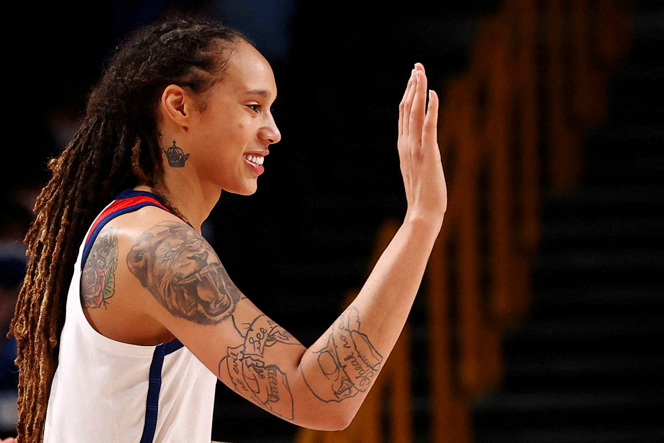 Brittney Griner of the United States congratulates a team mate during their Women's Basketball Gold Medal game against Japan at the Tokyo 2020 Summer Olympics