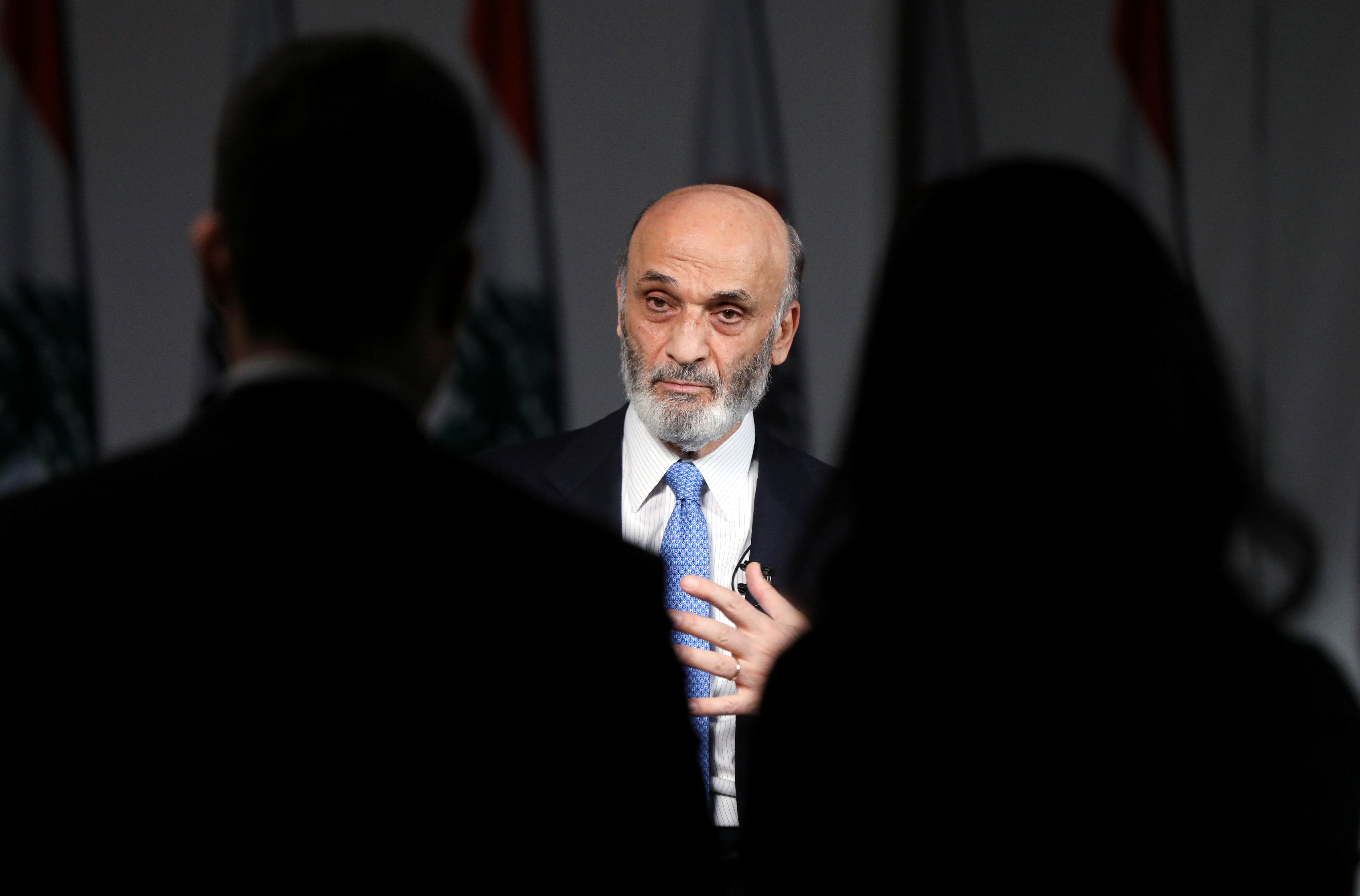 Samir Geagea, the leader of Lebanon's Christian Lebanese Forces (LF) party, speaks during an interview with Reuters at his residence in Maarab, Lebanon November 29, 2021.  REUTERS/Mohamed Azakir