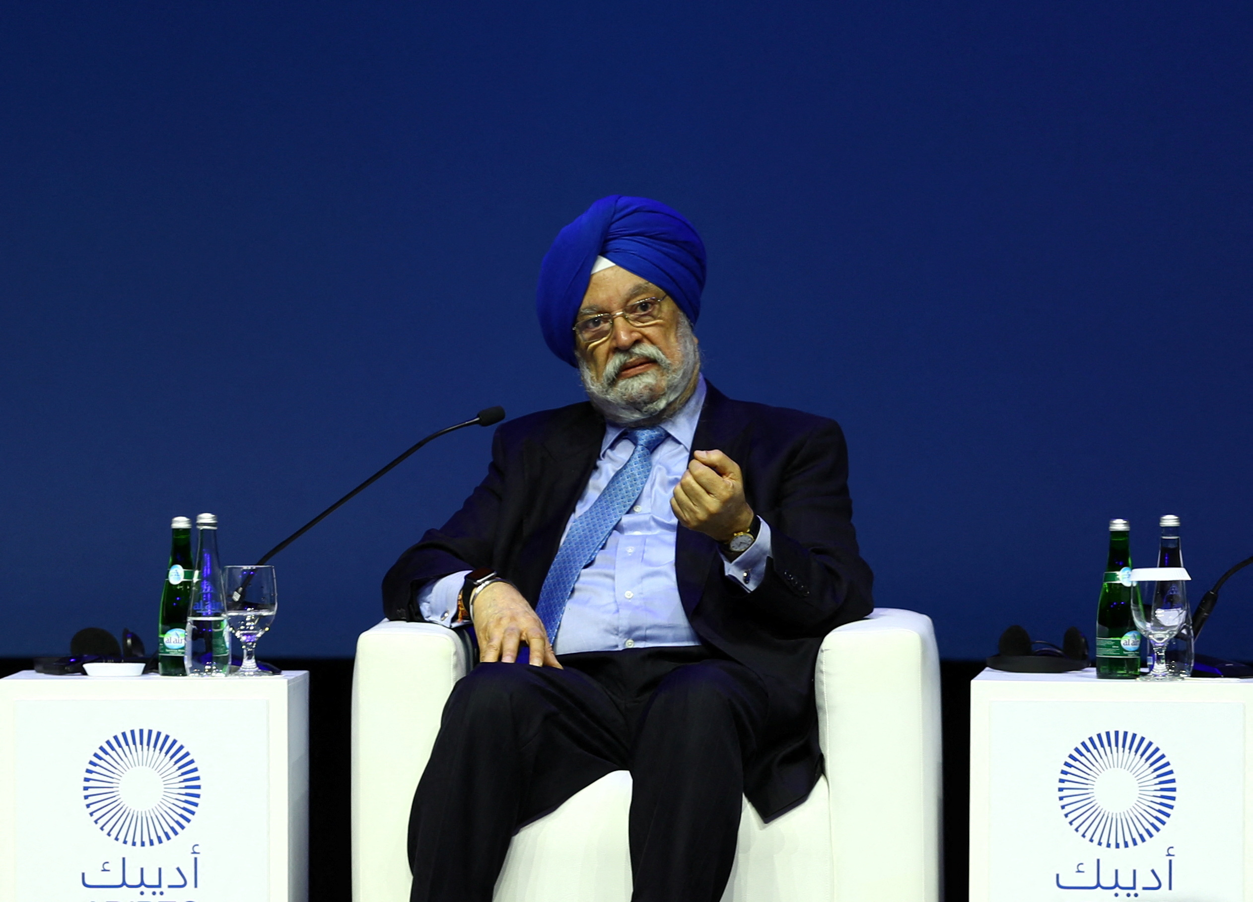India's Minister of Petroleum and Natural Gas Hardeep Singh Puri speaks during the Abu Dhabi International Petroleum Exhibition and Conference (ADIPEC) in Abu Dhabi