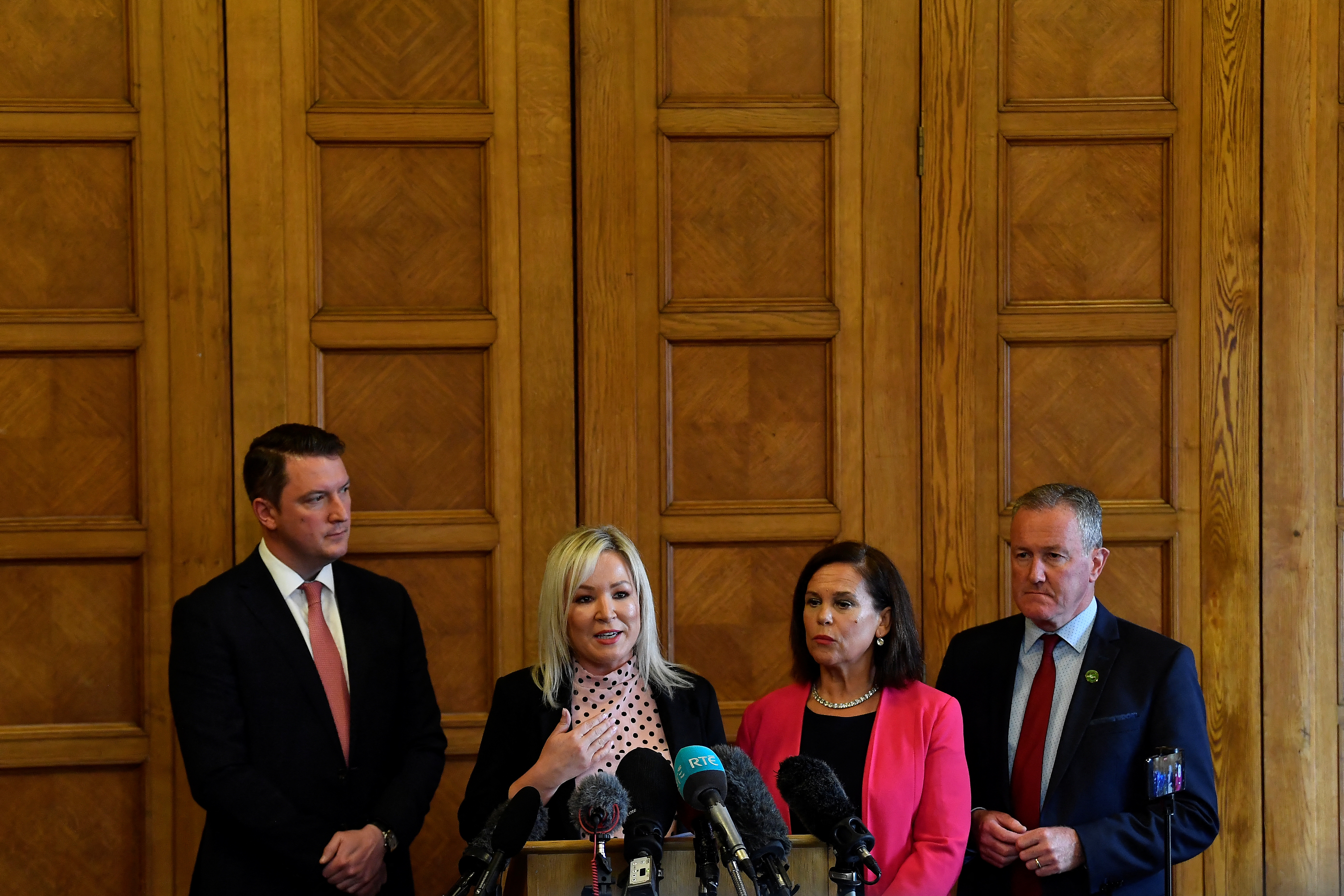 Sinn Fein leaders speak during a press conference at Stormont parliament buildings, in Belfast, Northern Ireland