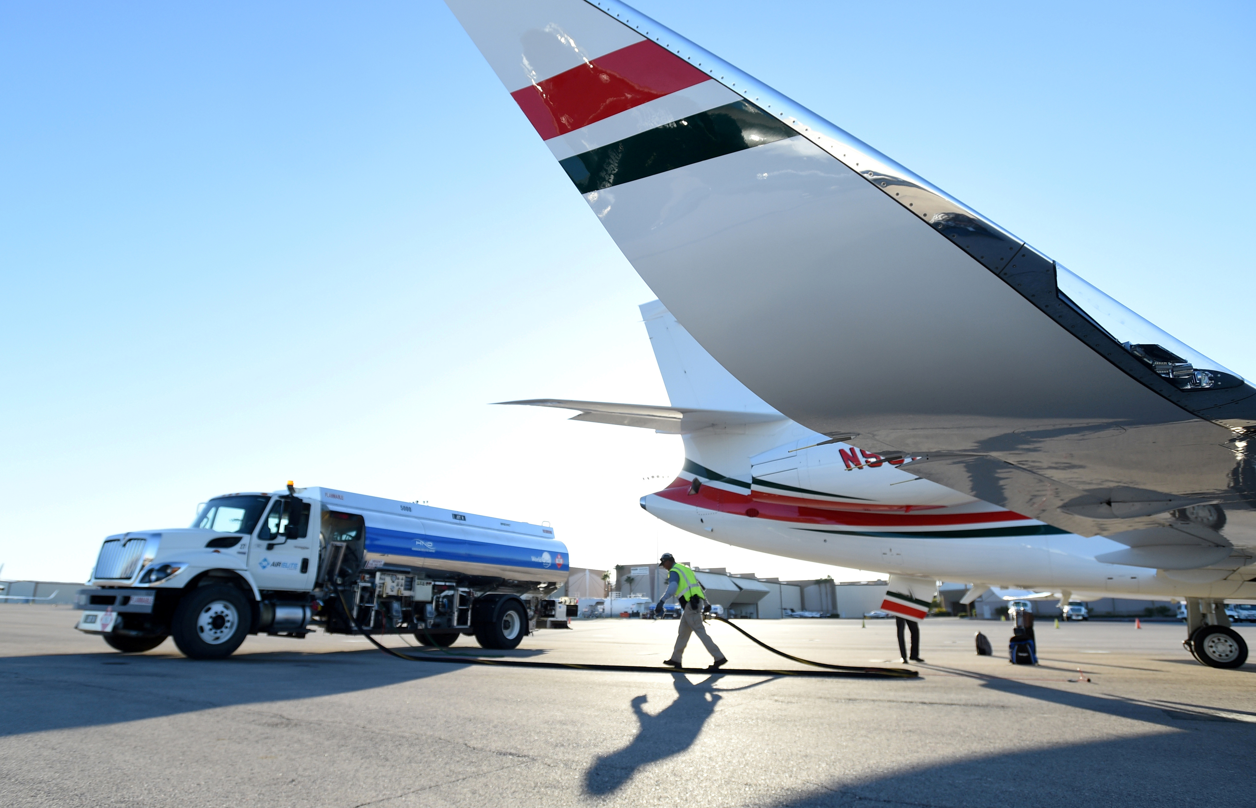A business jet is refueled using Jet A fuel at the Henderson Executive Airport during the National Business Aviation Association (NBAA) exhibition in Las Vegas