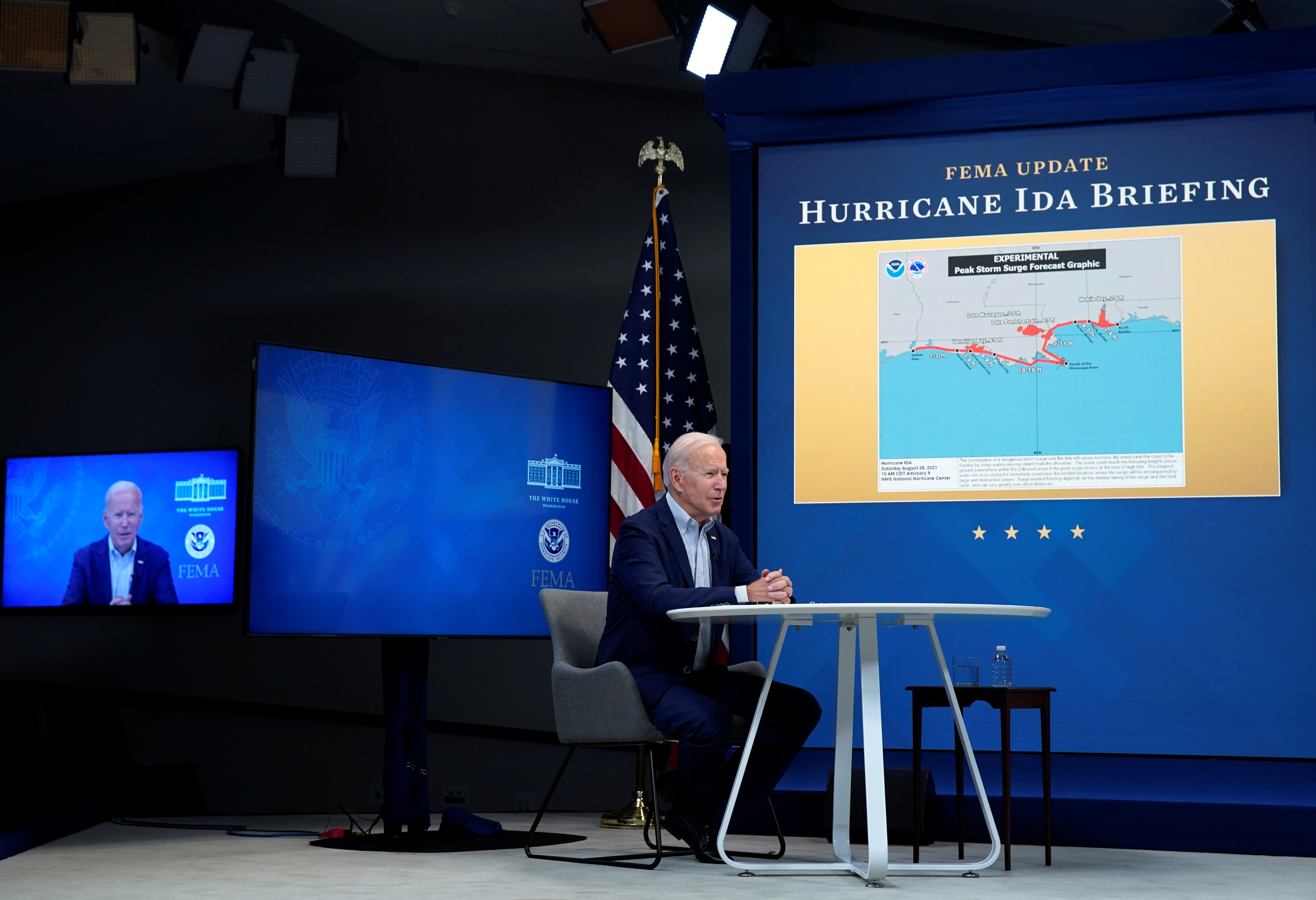 U.S. President Joe Biden speaks during a virtual briefing with FEMA Administrator Deanne Criswell on preparations for Hurricane Ida at the White House in Washington