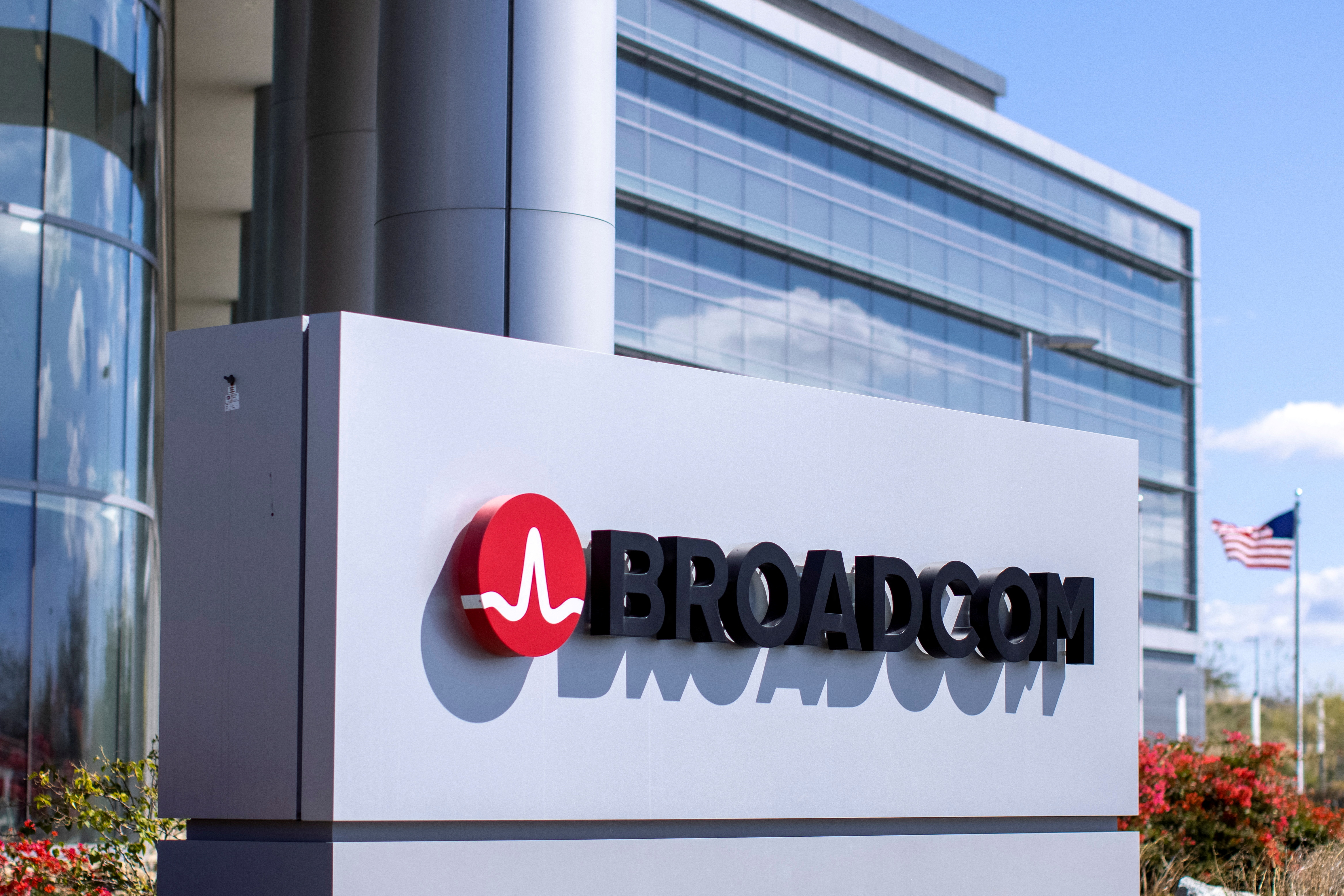 The Broadcom company logo is shown outside one of their office complexes in Irvine