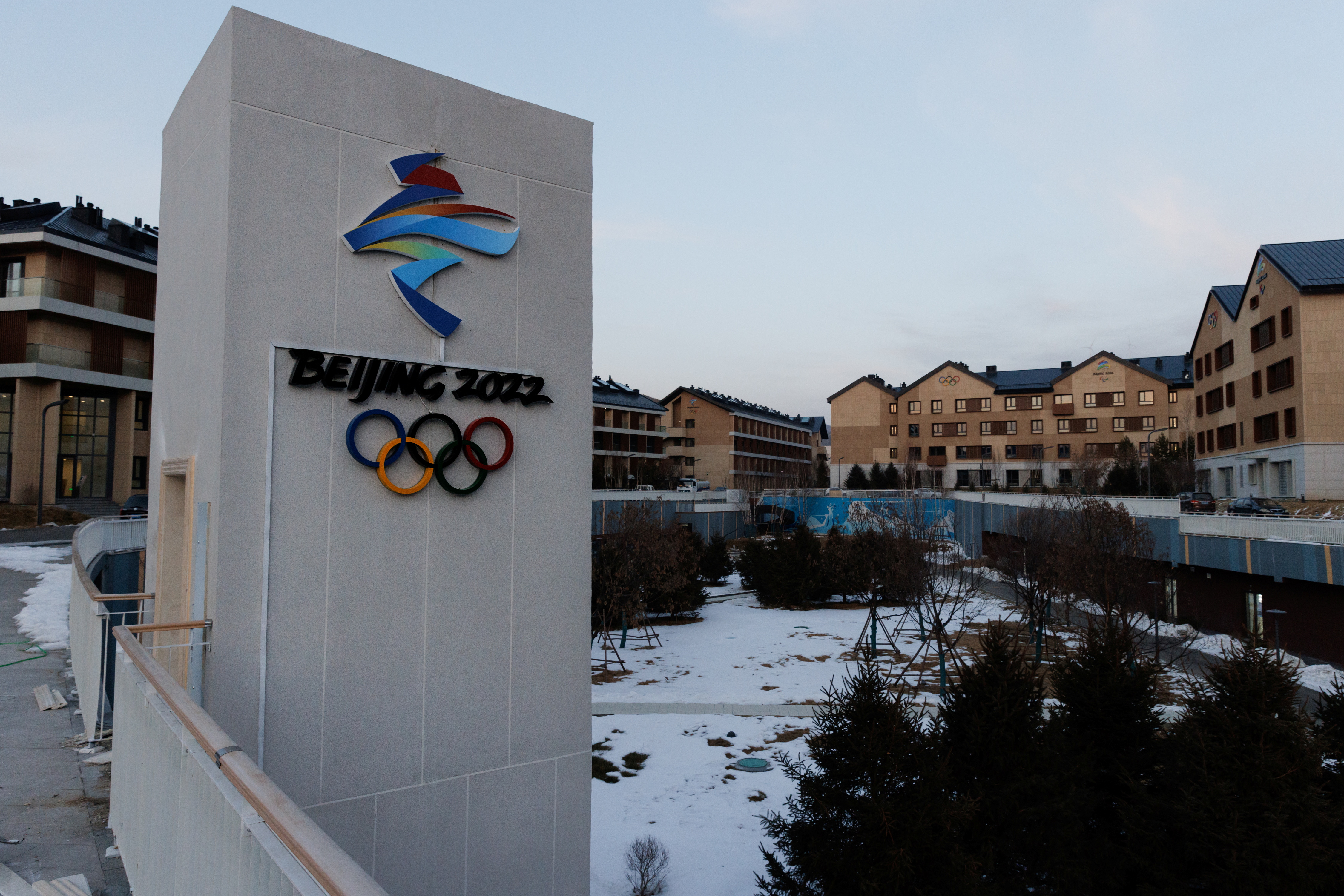 Picture shows the Olympic Rings at the athletes' village of the Beijing 2022 Winter Olympics in Zhangjiakou