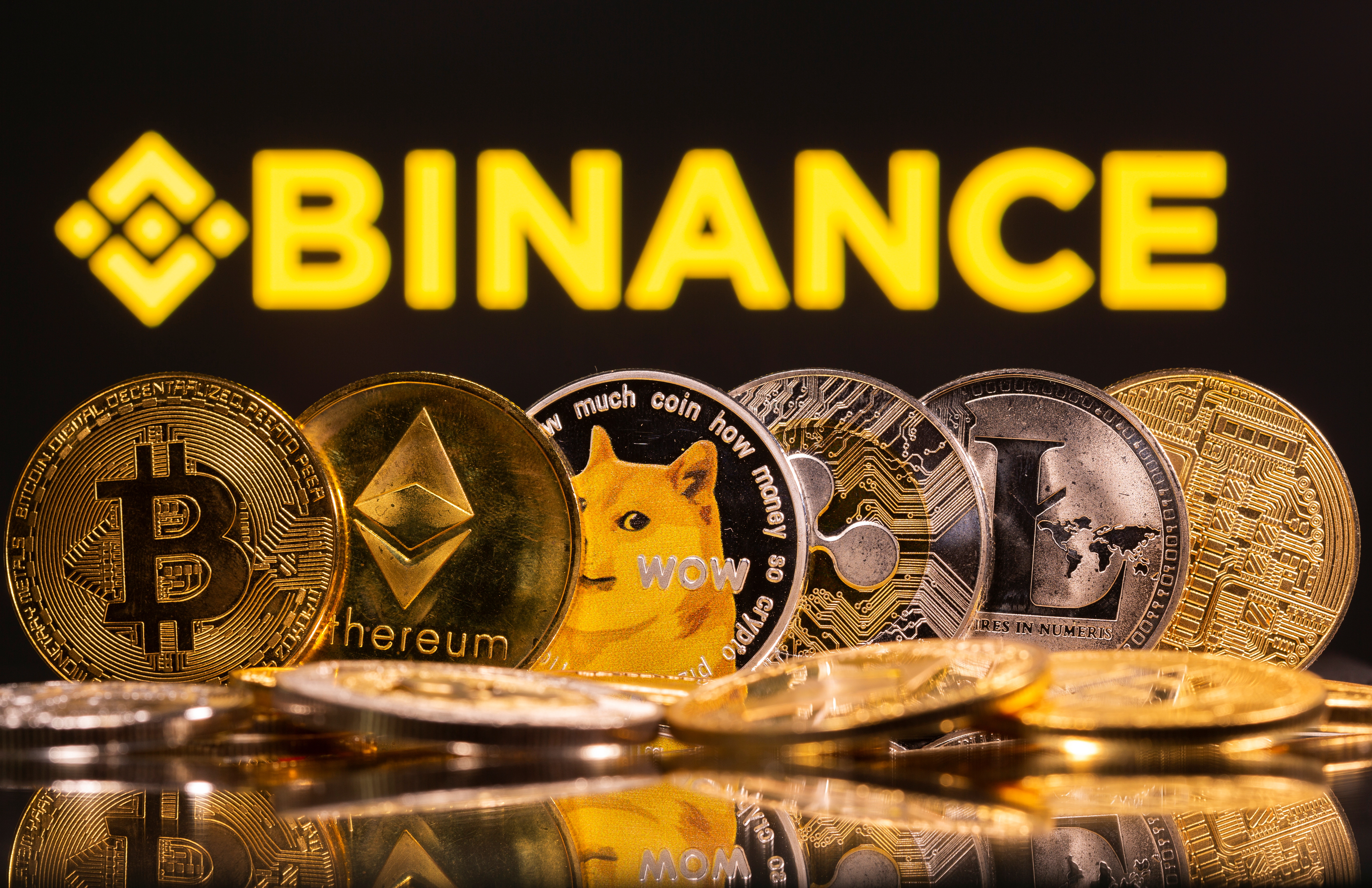 Representations of cryptocurrencies Bitcoin, Ethereum, DogeCoin, Ripple, and Litecoin are seen in front of a displayed Binance logo