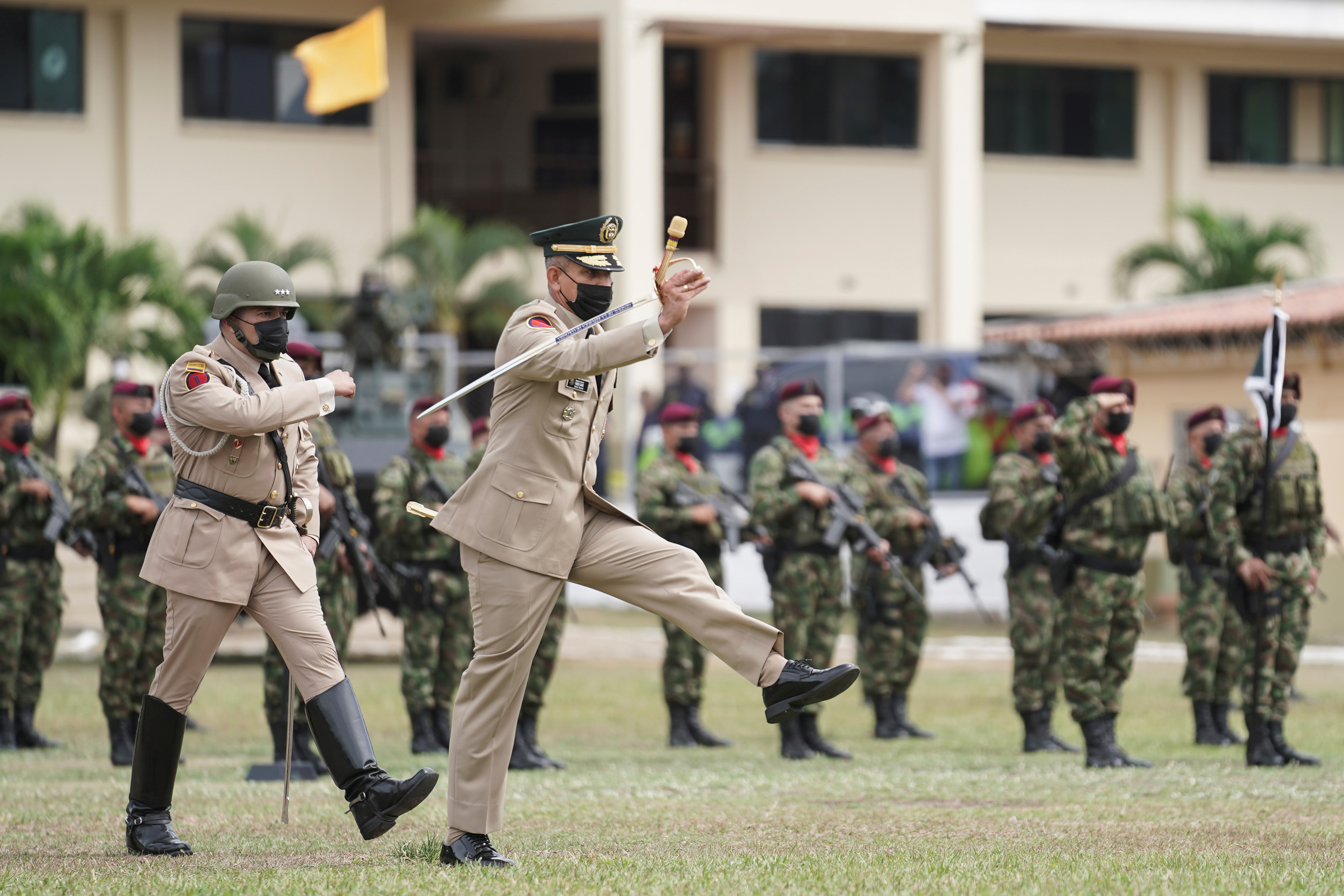 Colombian General Fabio Leonardo Caro marches during the inauguration of a new military unit to address rebel and crime gang activities along its border with Venezuela, in Cucuta, Colombia, October 6, 2021. REUTERS/Nathalia Angarita