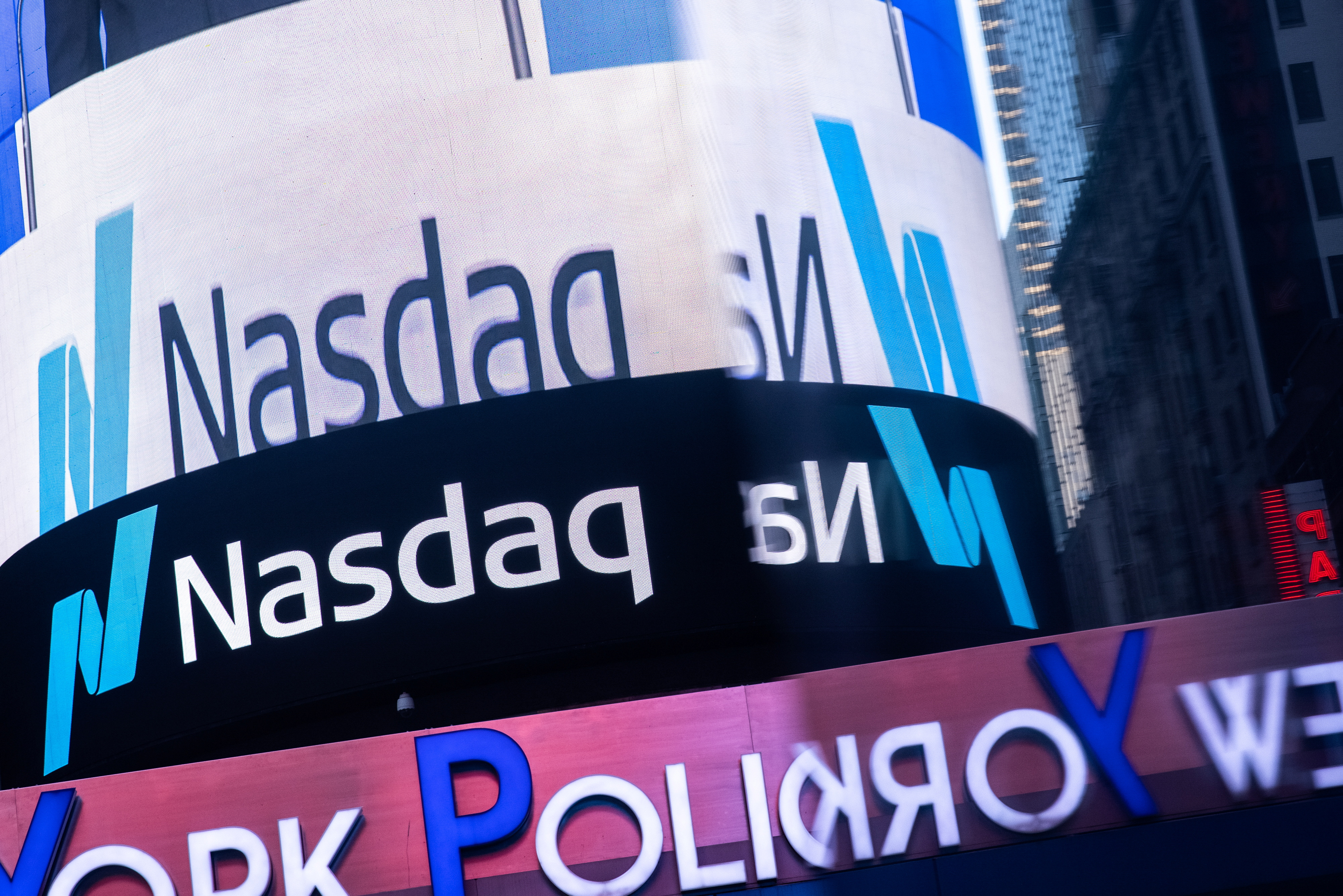 The Nasdaq logo is displayed at the Nasdaq Market site in Times Square in New York