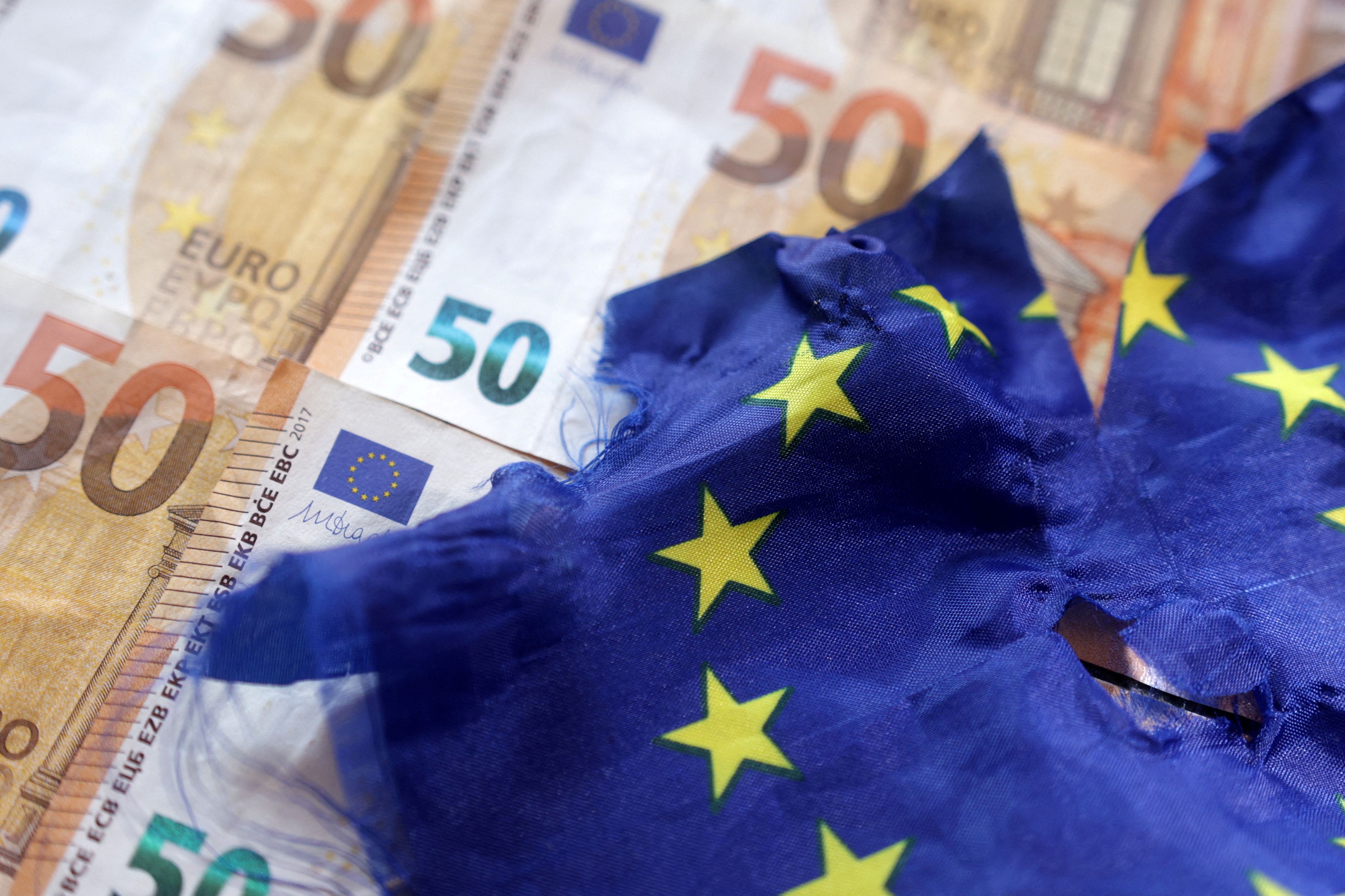 Illustration shows Euro banknotes and torn EU flag