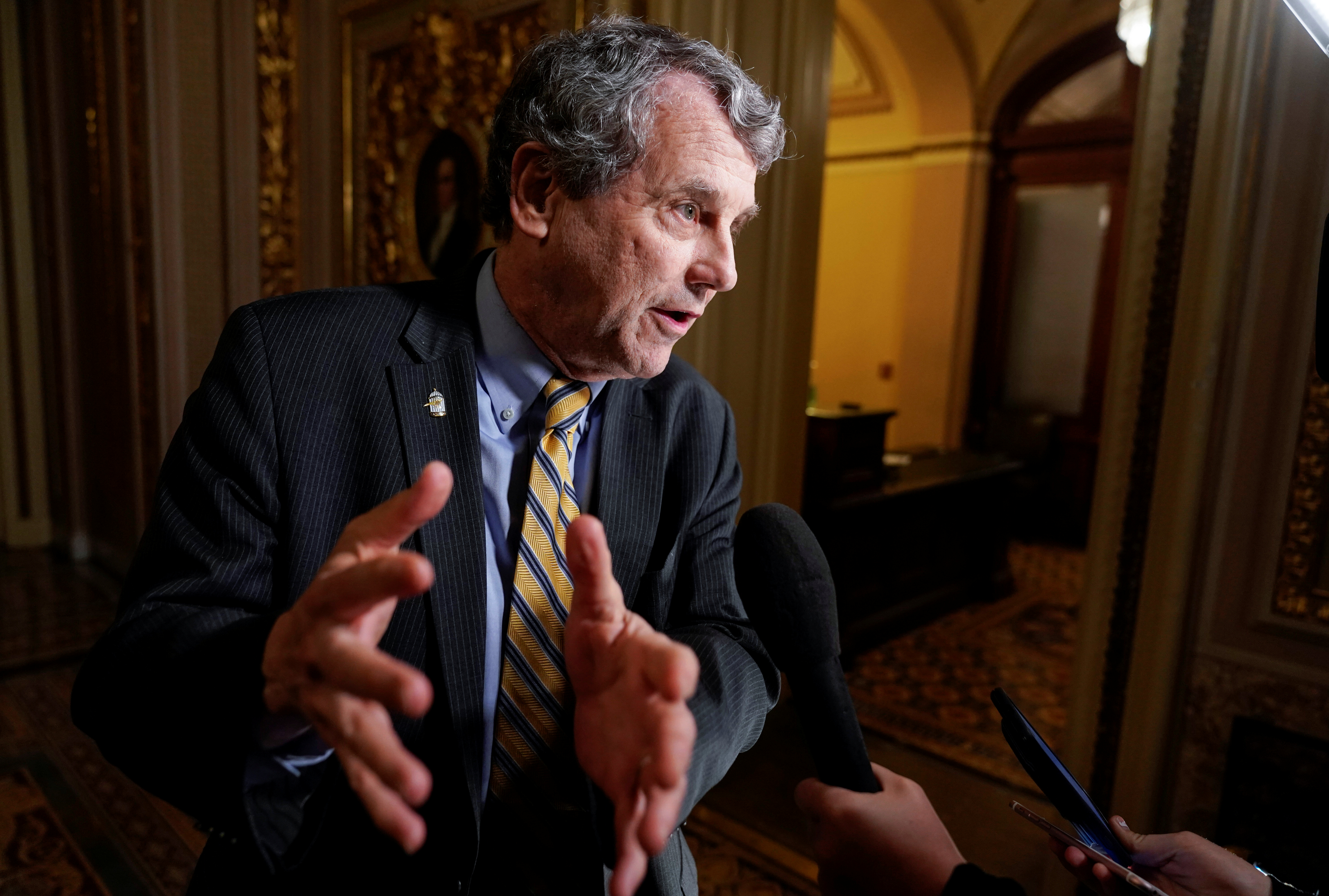 Senator Brown speaks to reporters during a break as the Trump impeachment trial continues in Washington.