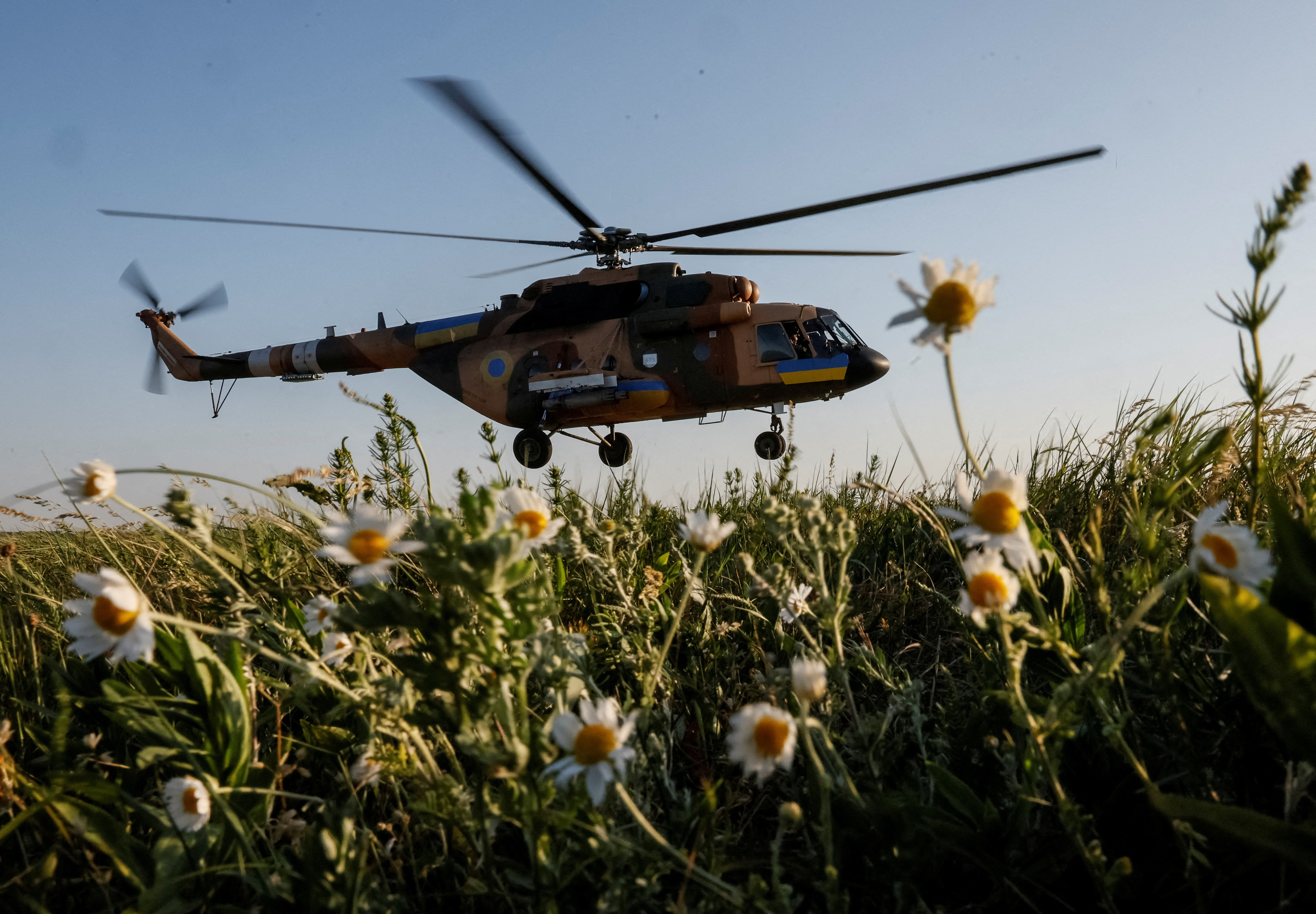 Ukrainian military helicopters during military drills in the north of Ukraine