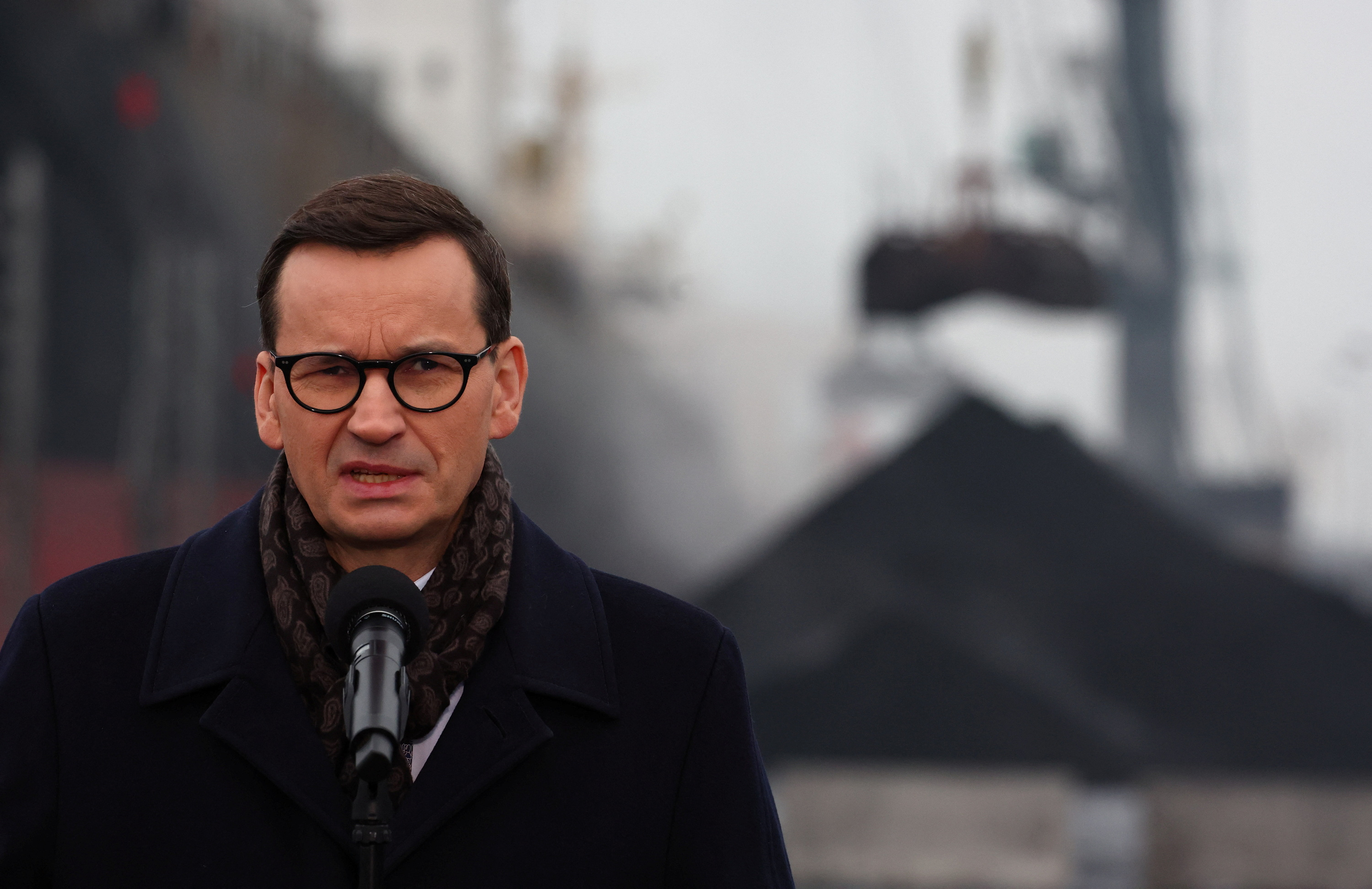 Polish PM Morawiecki talks during a briefing at the coal storage in Port Gdanski Eksploatacja, Gdansk