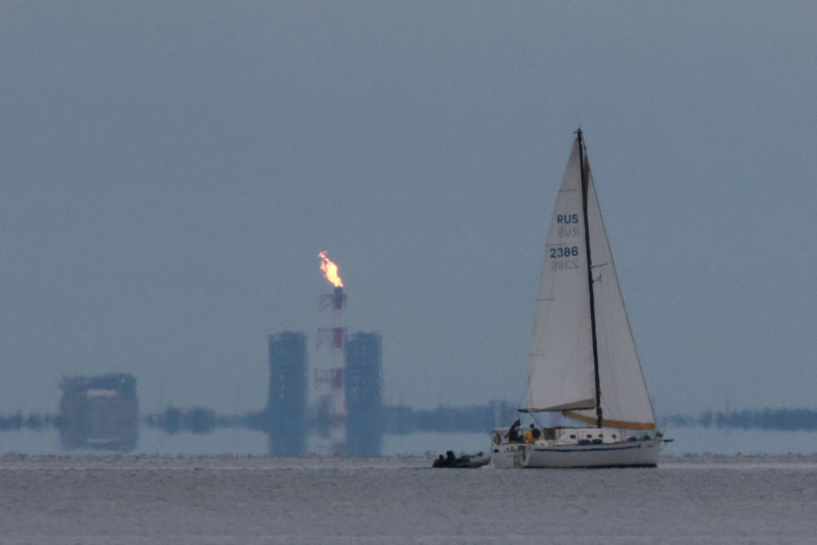 A view shows a gas flare at Portovaya Bay in the Gulf of Finland