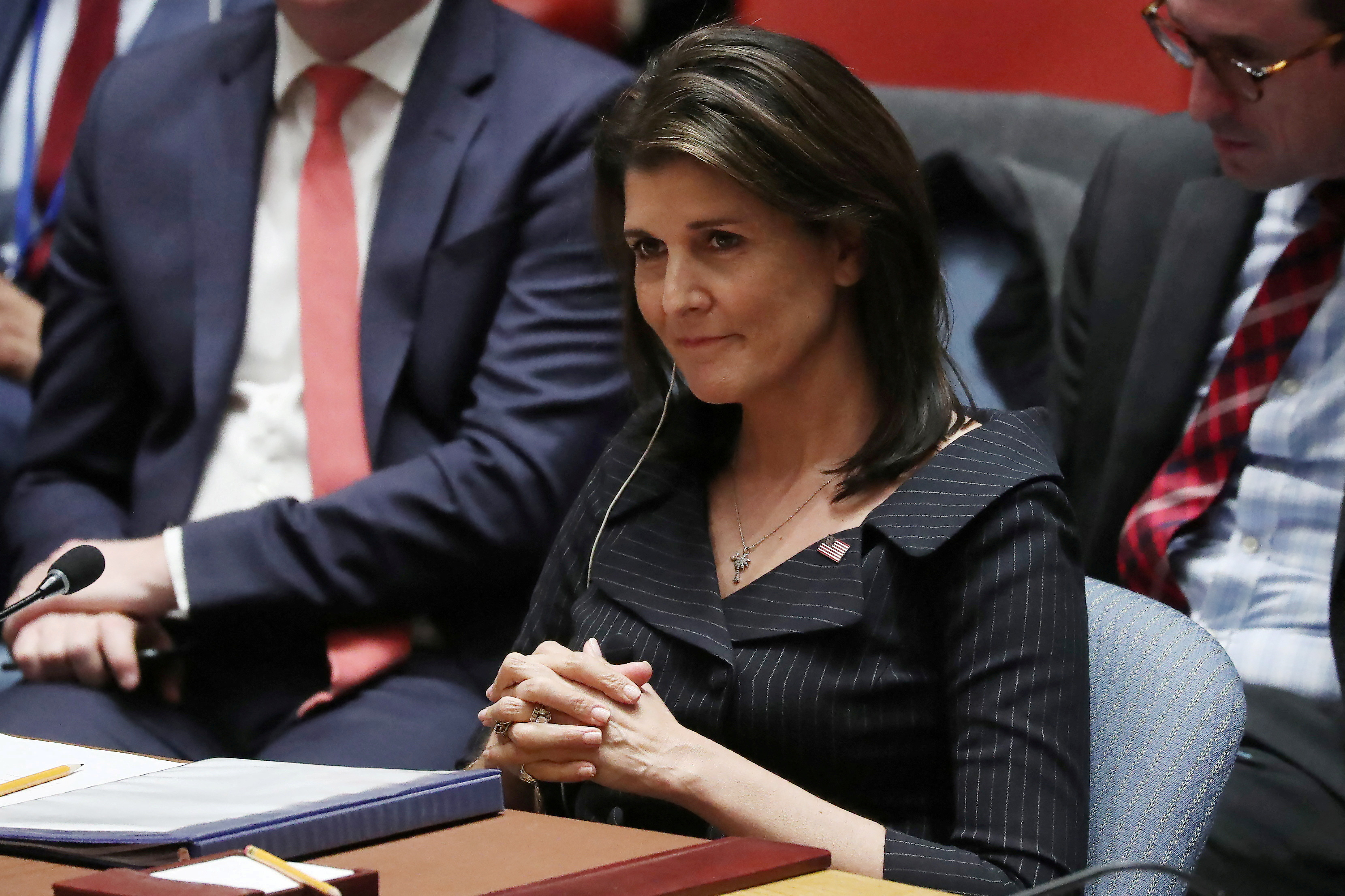 U.S. Ambassador to UN Haley listens to a speaker during a U.N. Security Council meeting on the Middle East at U.N. headquarters in New York