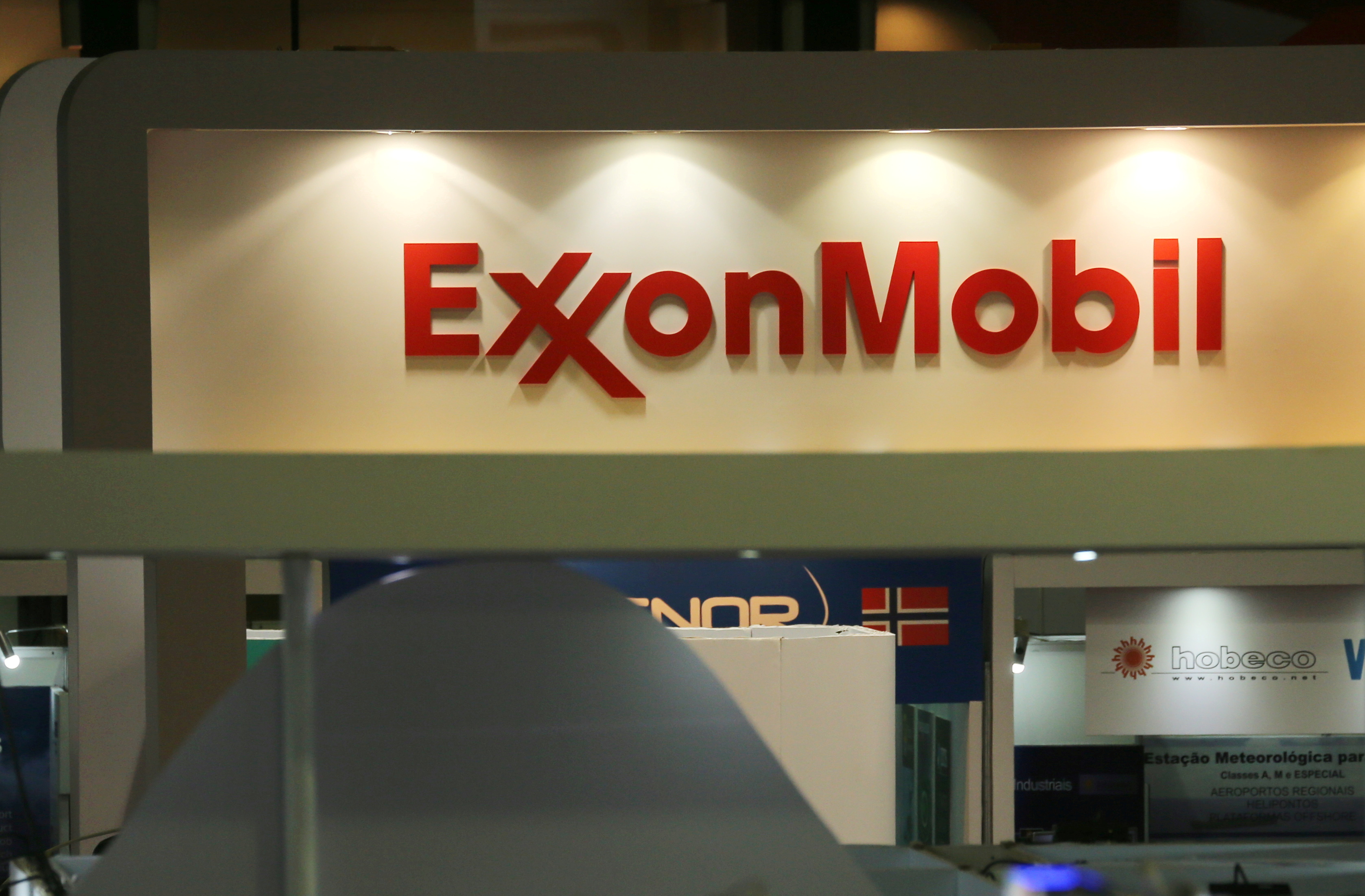 Logo of  Exxon Mobil Corp is seen at the Rio Oil and Gas Expo and Conference in Rio de Janeiro