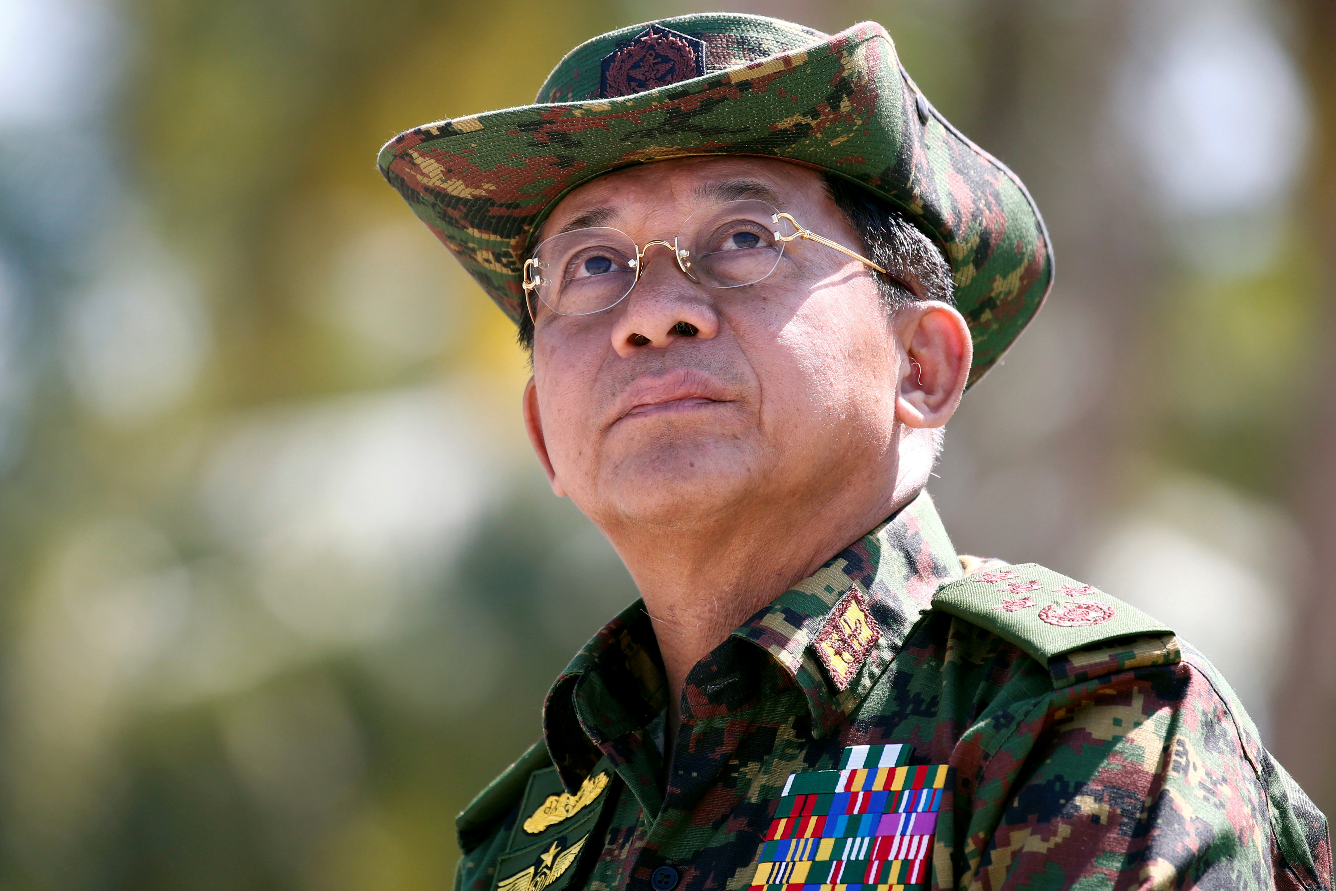 Myanmar military commander-in-chief, Senior General Min Aung Hlaing, attends a military exercise at Ayeyarwaddy delta region in Myanmar