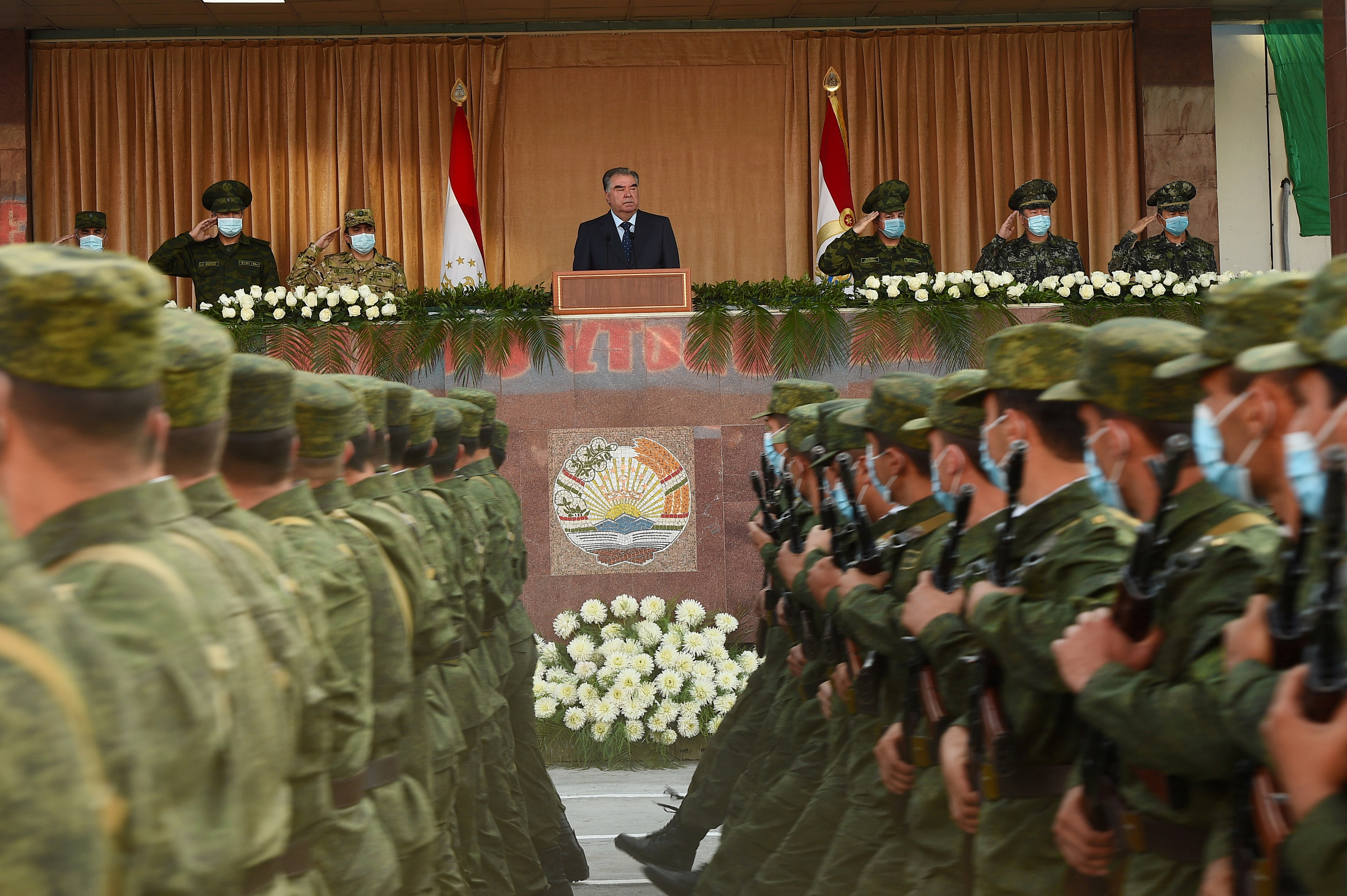 Tajik President Emomali Rakhmon attends a military parade in Dushanbe