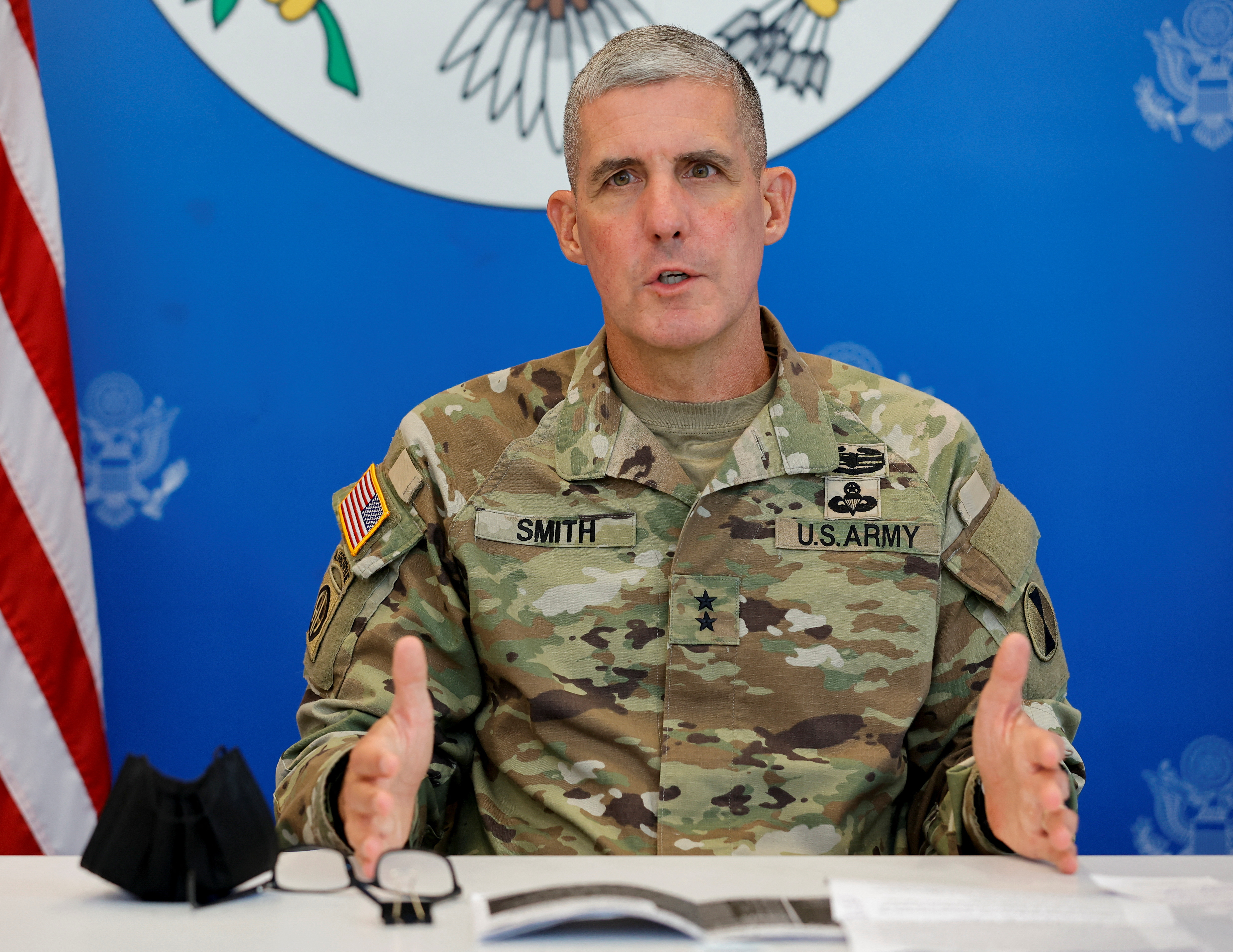U.S. Commanding General for the 7th Infantry Division Major General Stephen G. Smith speaks during a news conference, in Jakarta