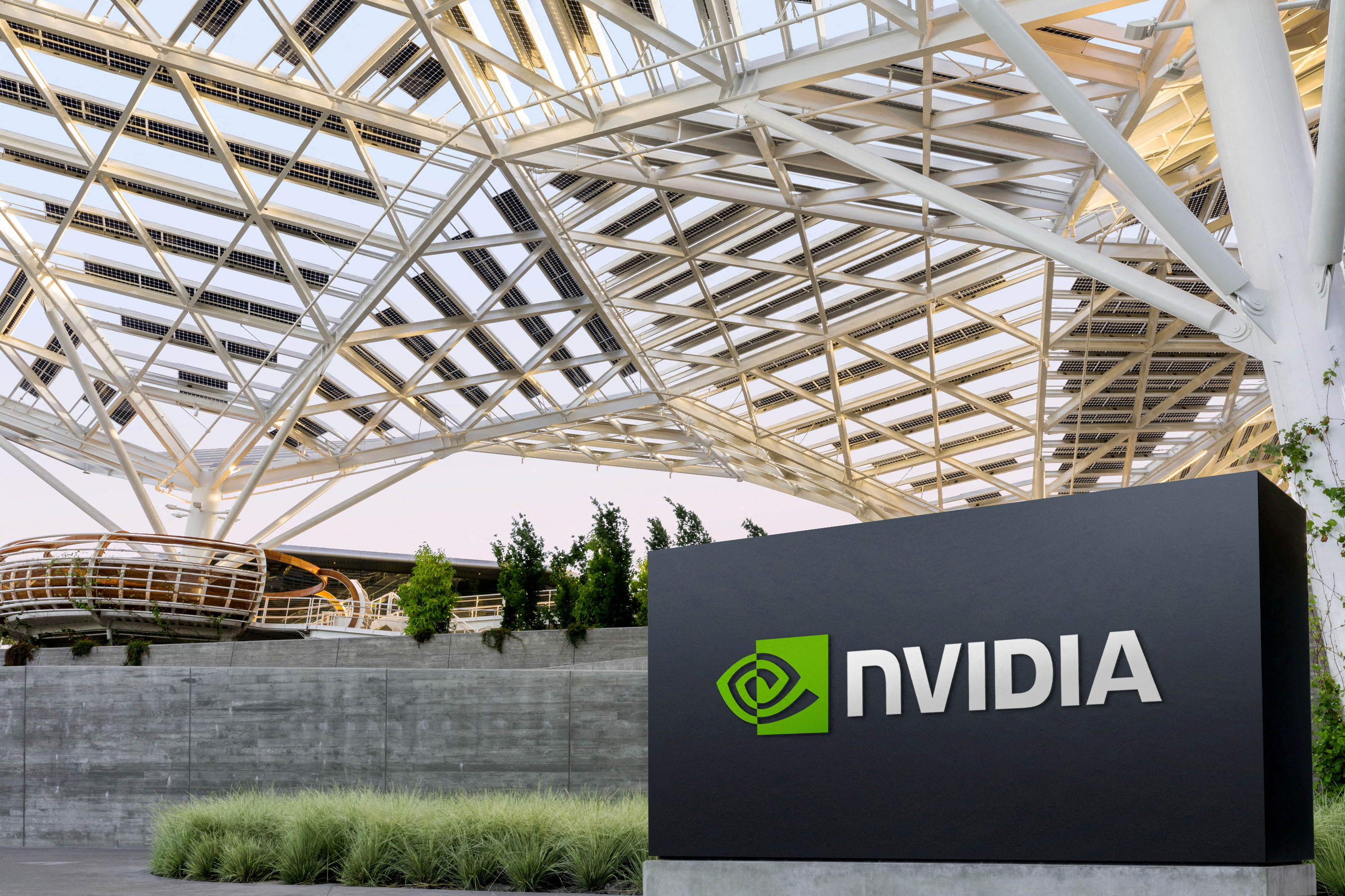 The logo of NVIDIA as seen at its corporate headquarters in Santa Clara, California