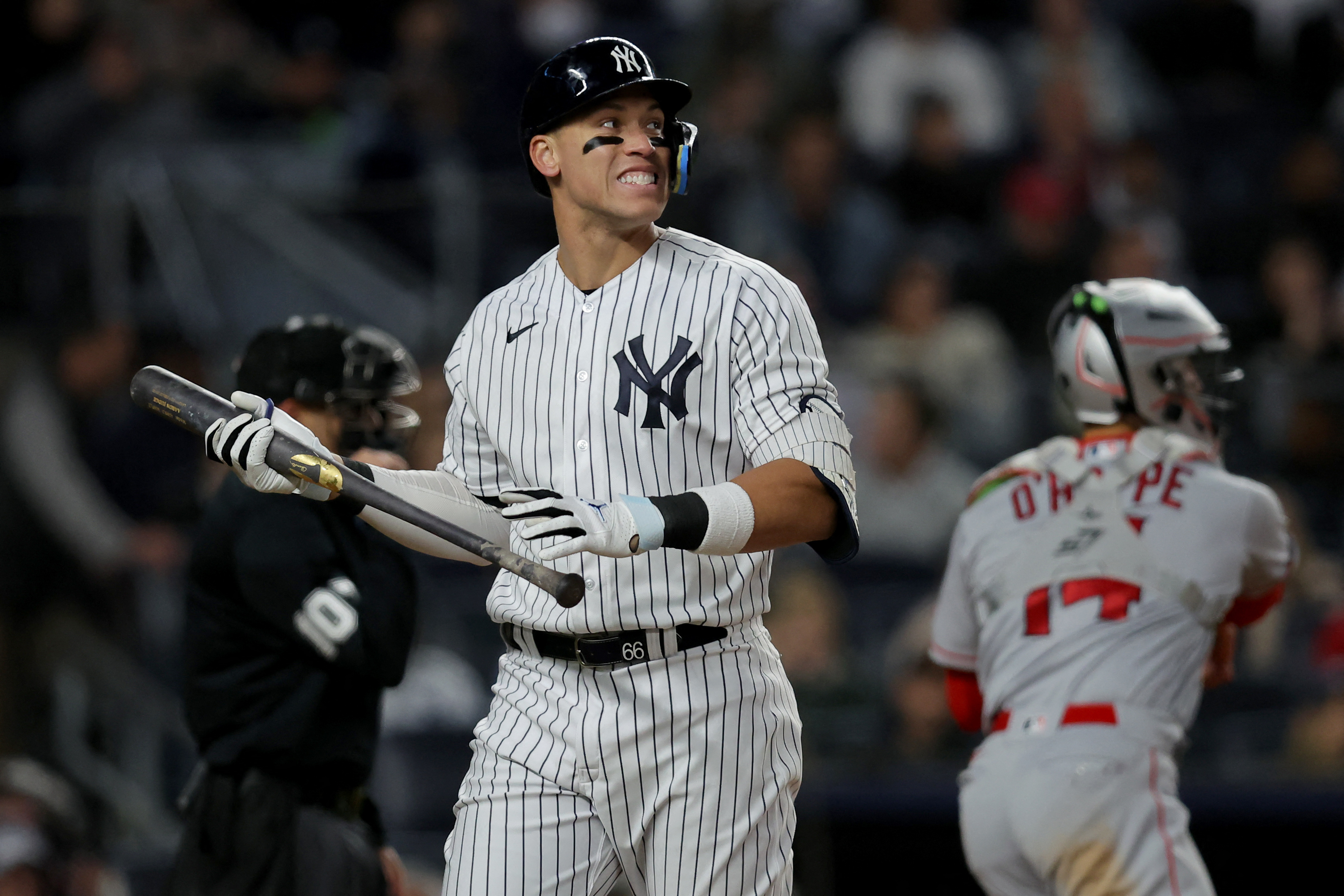 New York Yankees catcher Kyle Higashioka (66) warms up during a