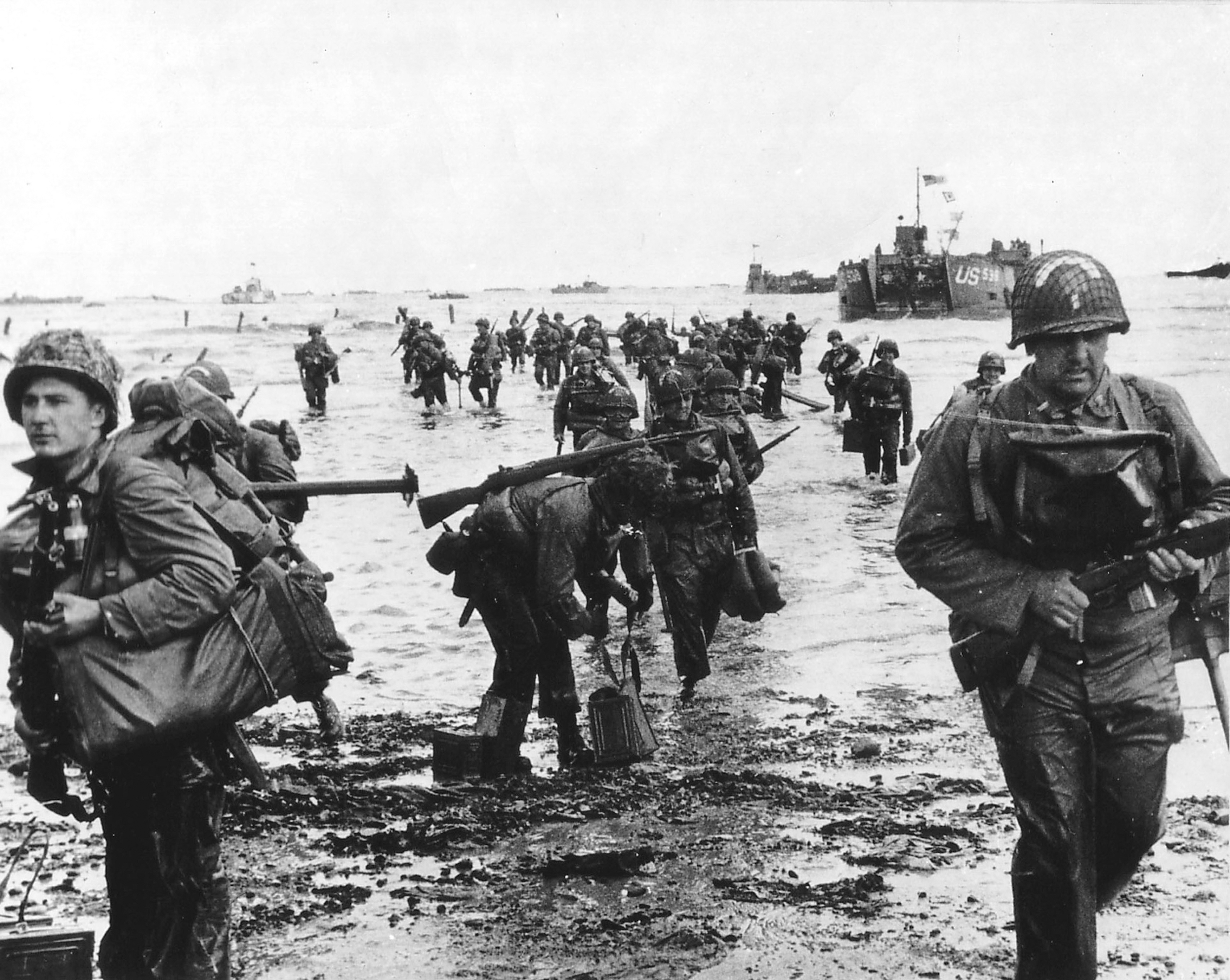 Handout photo of U.S. reinforcements landing on Omaha beach during the Normandy D-Day landings near Vierville sur Mer