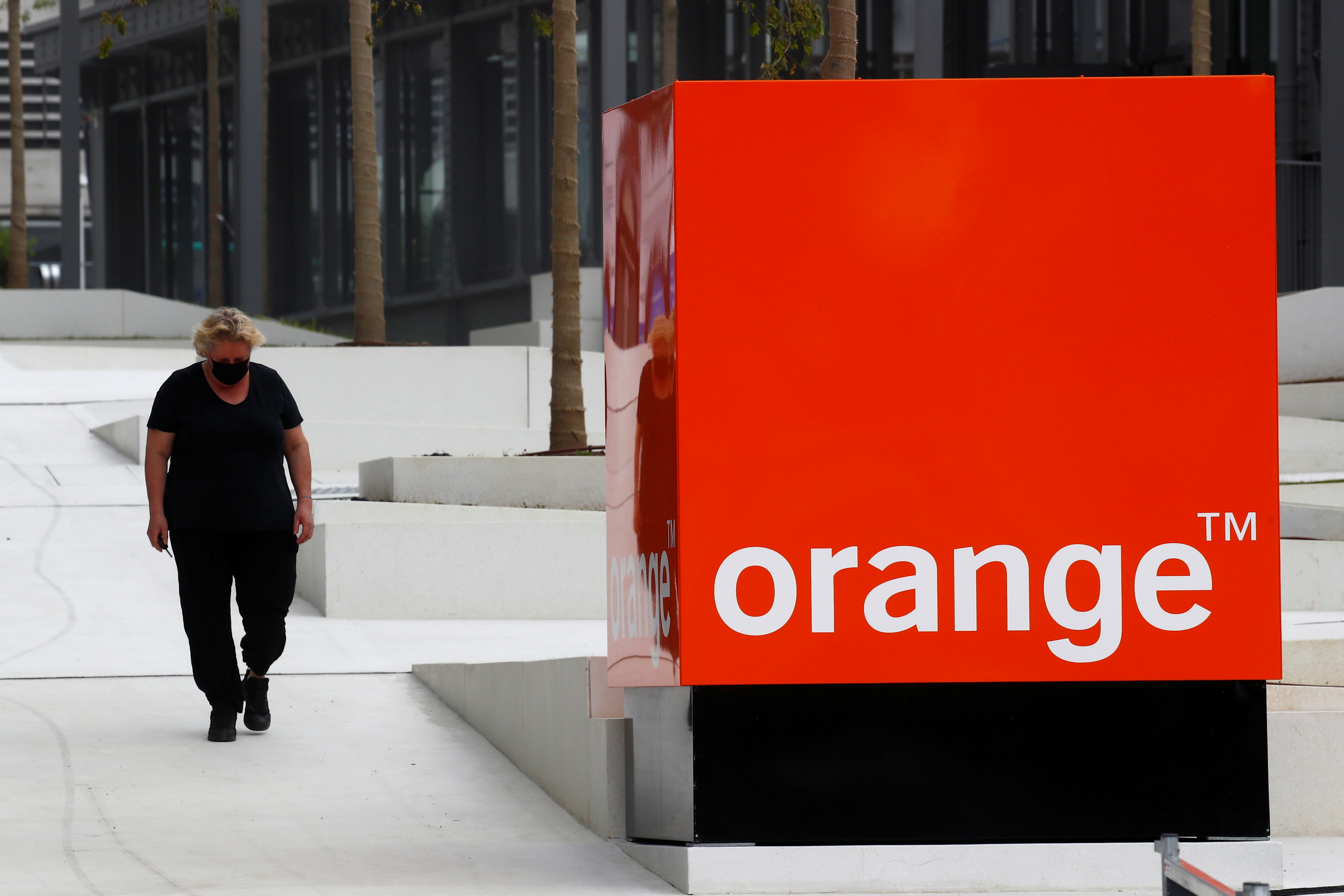 The logo of French telecom operator Orange at the headquarters in Issy-les-Moulineaux
