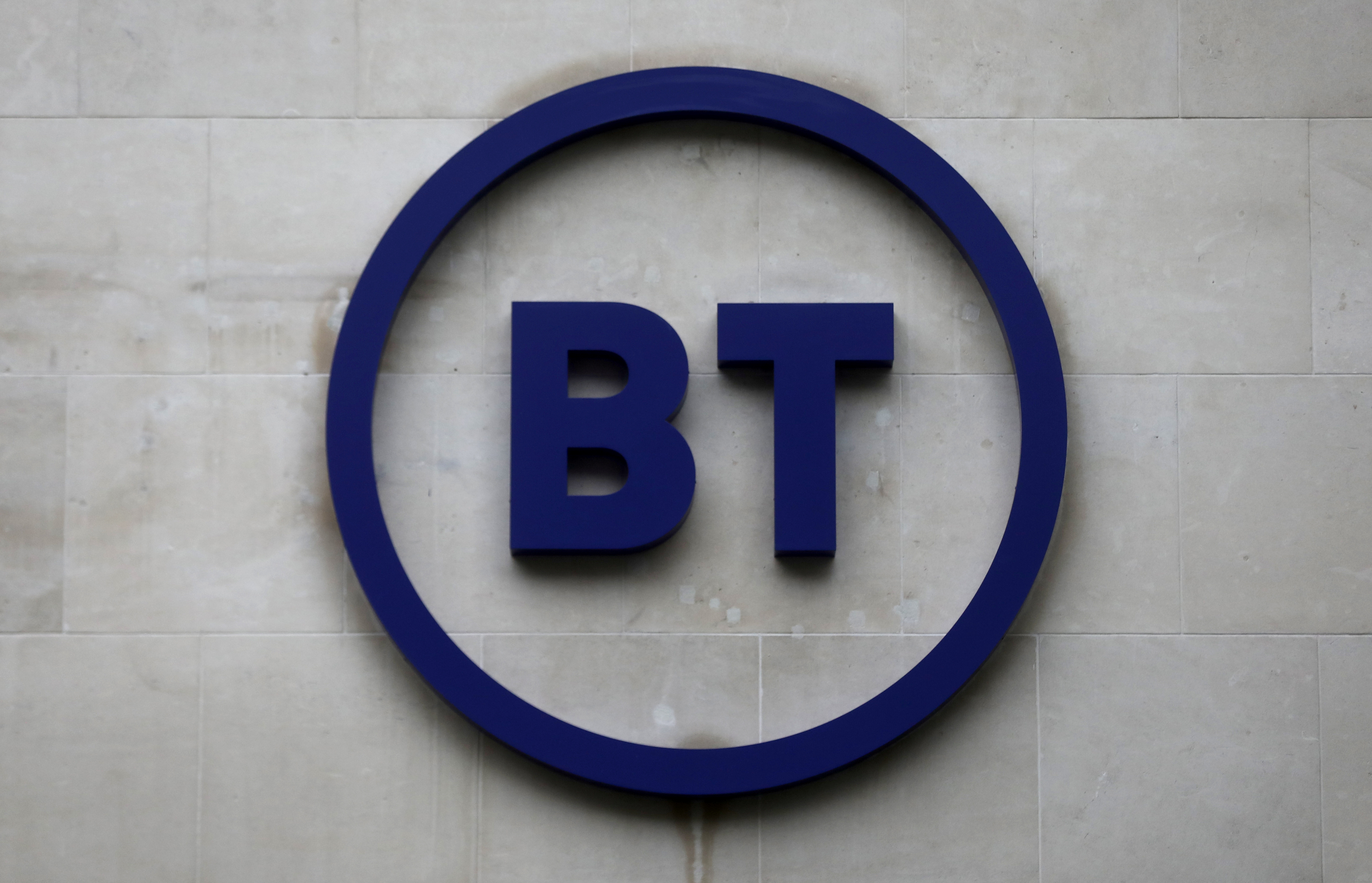 Company's logo is displayed at British Telecom (BT) headquarters in London
