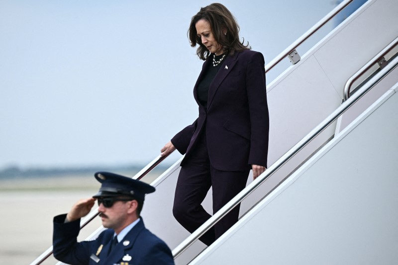 Harris steps off of Air Force Two upon arrival at Joint Base Andrews in Maryland