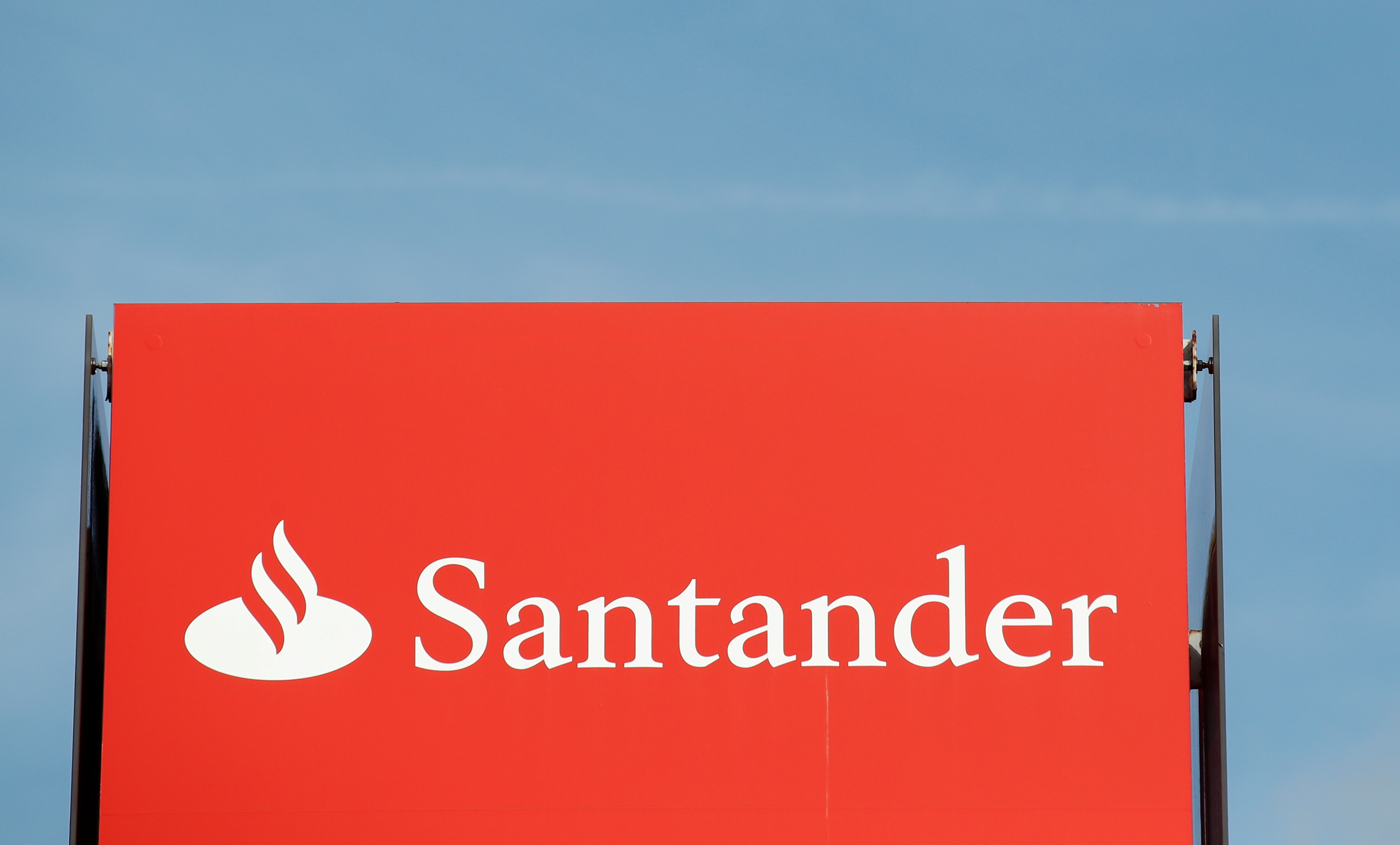 A Santander sign is displayed outside Santander House, in Milton Keynes