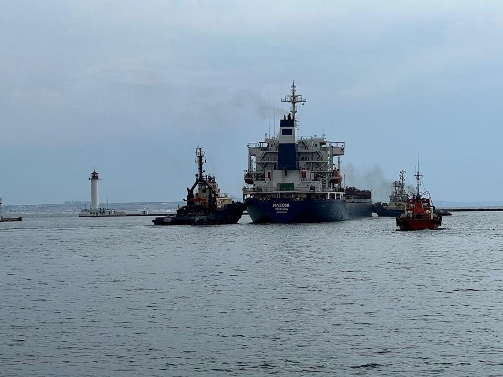 The cargo ship Razoni leaves the sea port in Odesa
