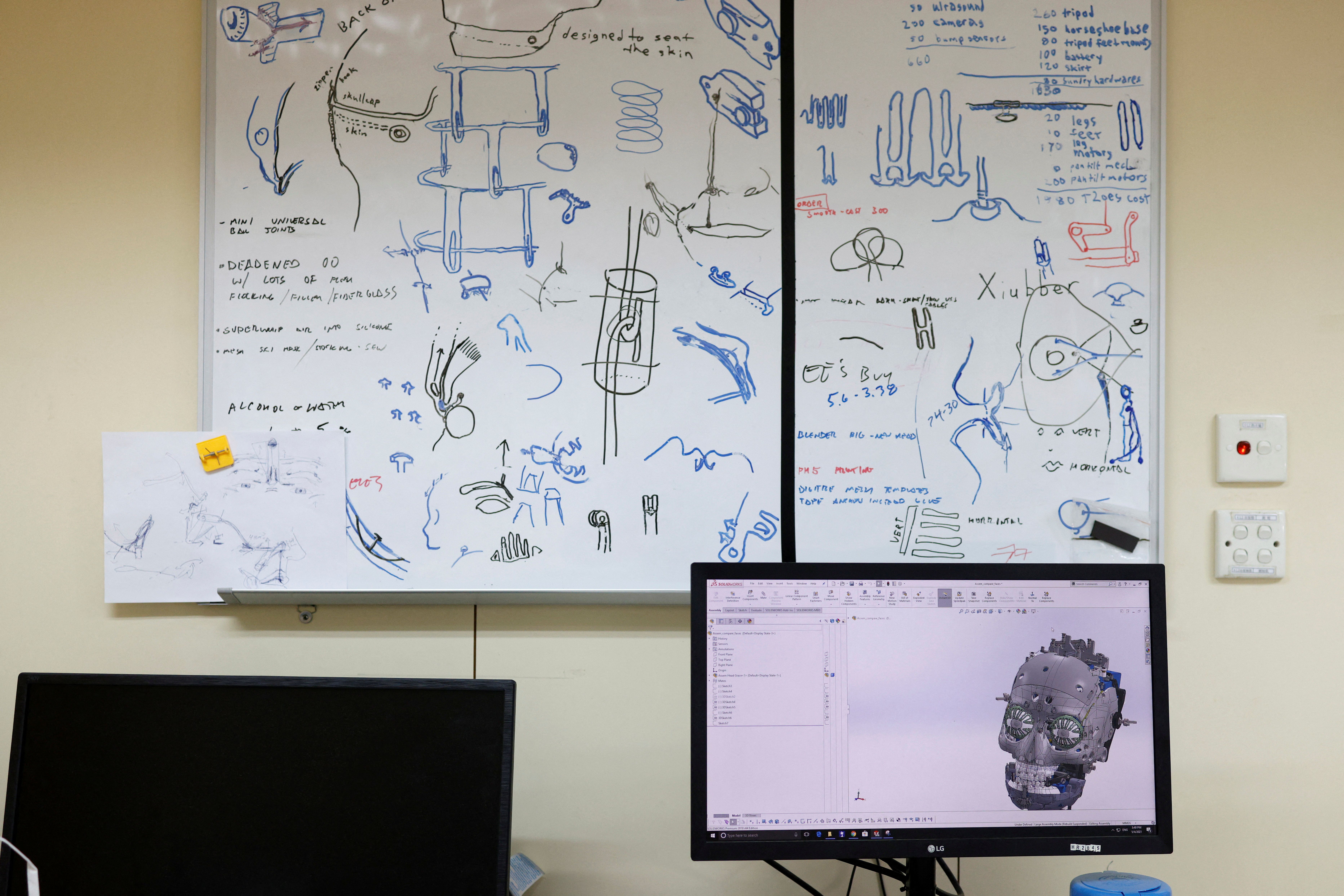 A 3D design layout of a head is pictured at Hanson Robotics' lab in Hong Kong