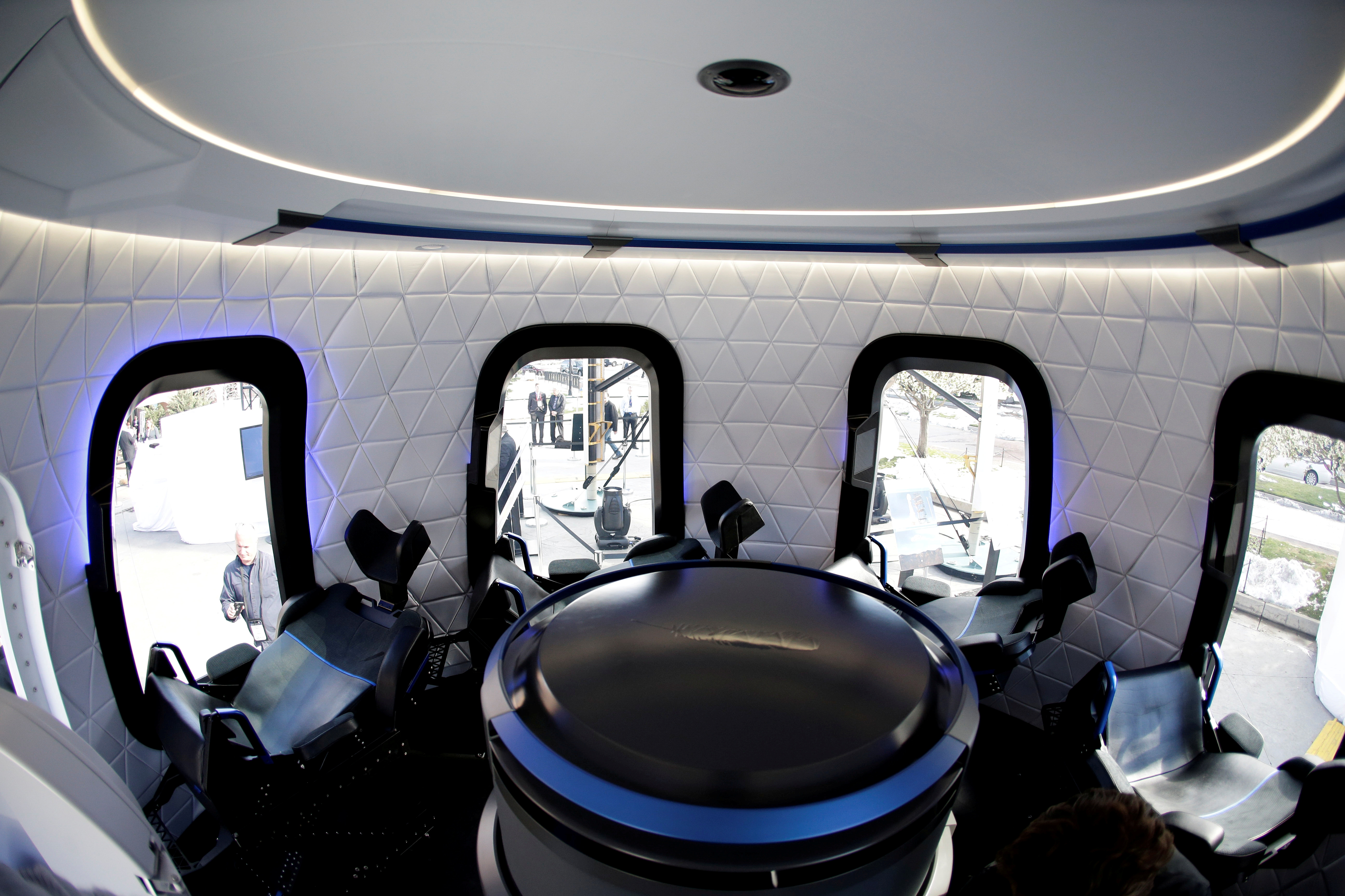 An interior view of the Blue Origin Crew Capsule mockup at the 33rd Space Symposium in Colorado Springs, Colorado