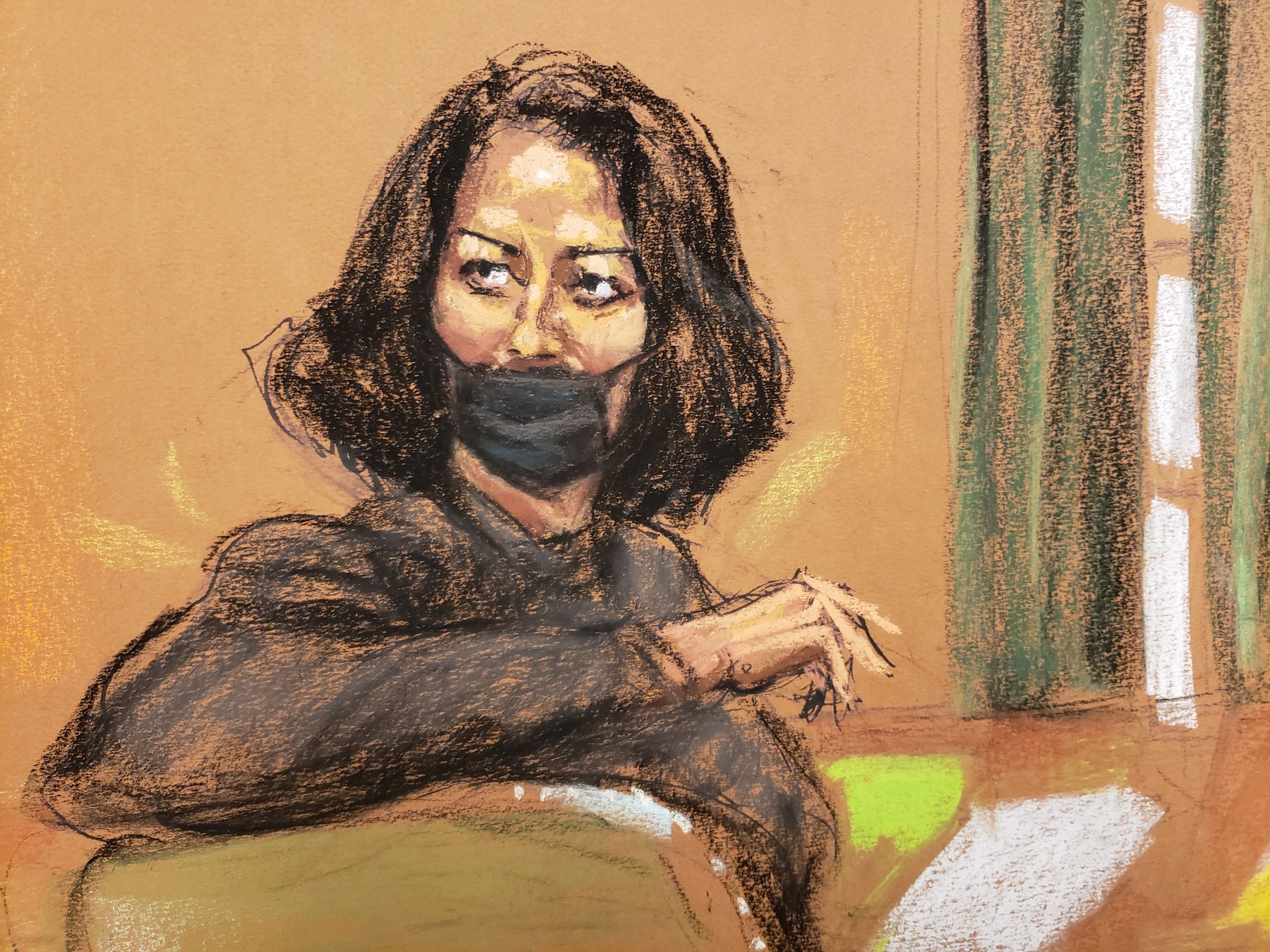 Ghislaine Maxwell sits during jury selection in the trial of Maxwell, Jeffrey Epstein's associate accused of sex trafficking, in a courtroom sketch in New York City, U.S., November 17, 2021. REUTERS/Jane Rosenberg