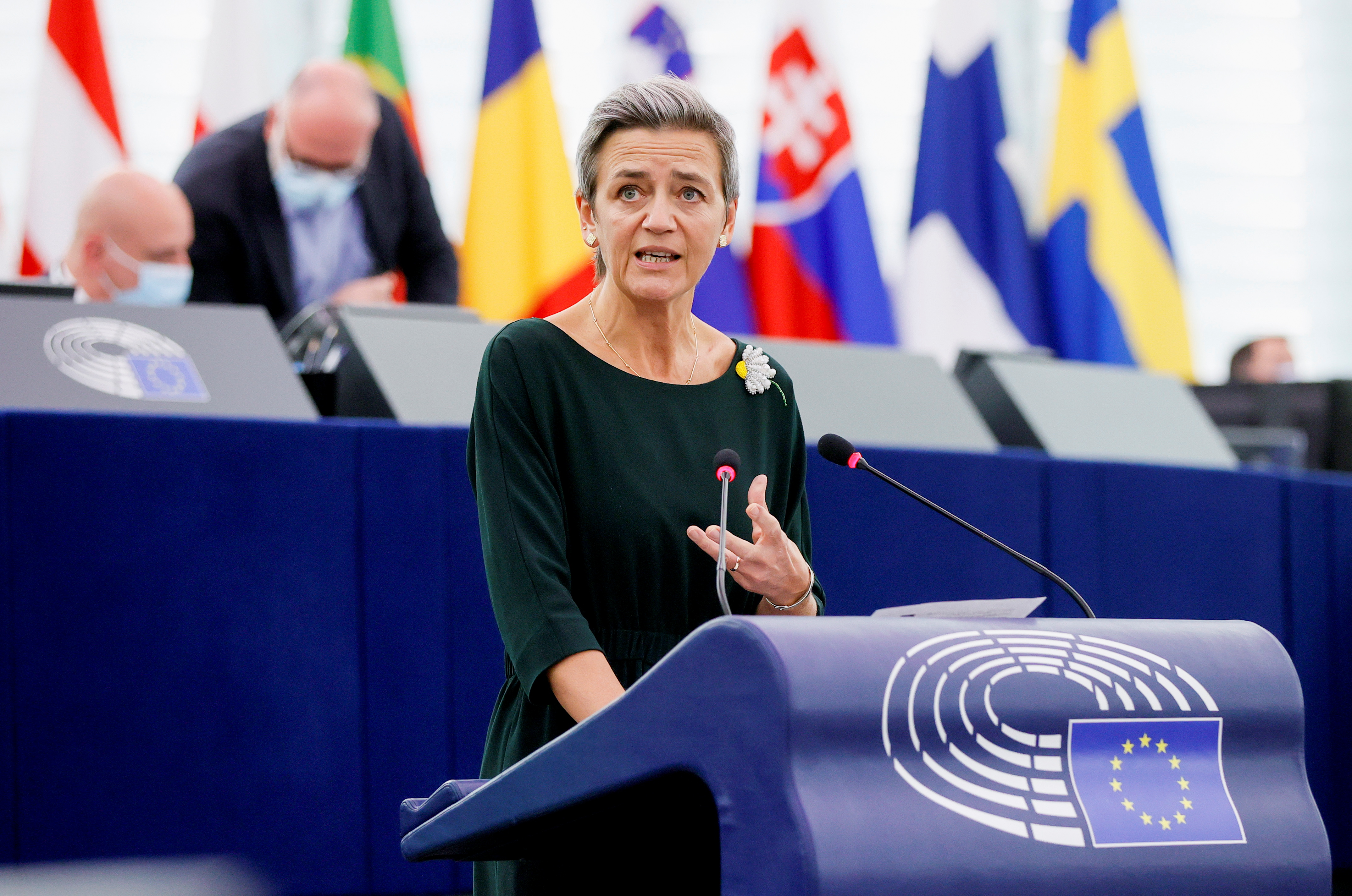 European Commission's executive Vice President Margrethe Vestager delivers a speech during a debate on EU-Taiwan political relations and cooperation at the European Parliament in Strasbourg
