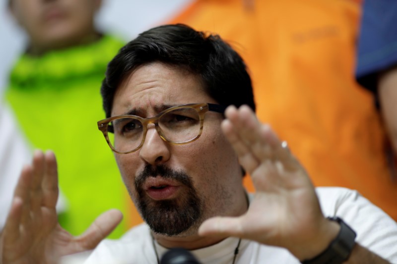 Venezuela's opposition lawmaker Freddy Guevara gestures during a news conference in Caracas
