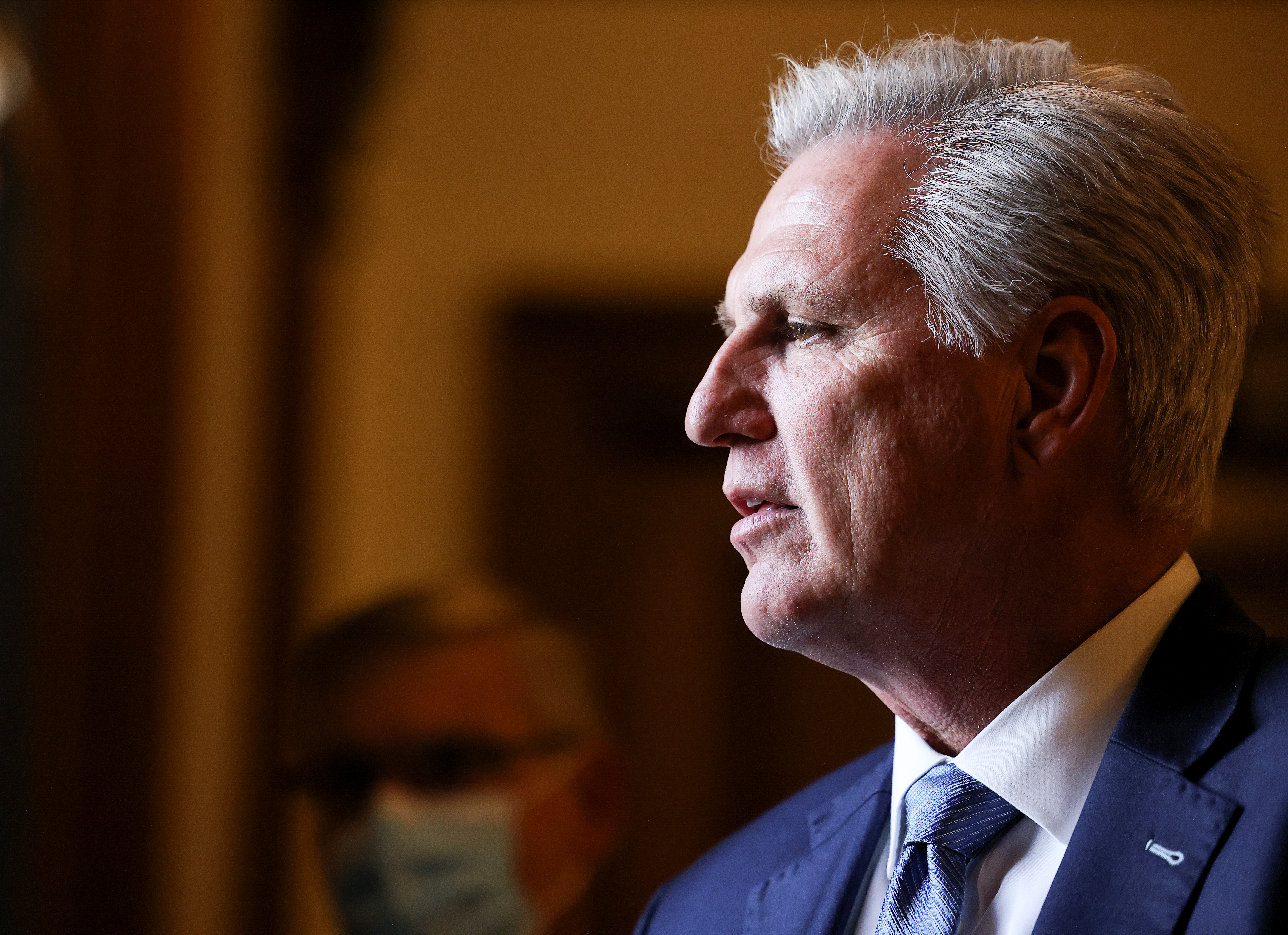 U.S. House Minority Leader McCarthy is seen without a face mask on Capitol Hill in Washington