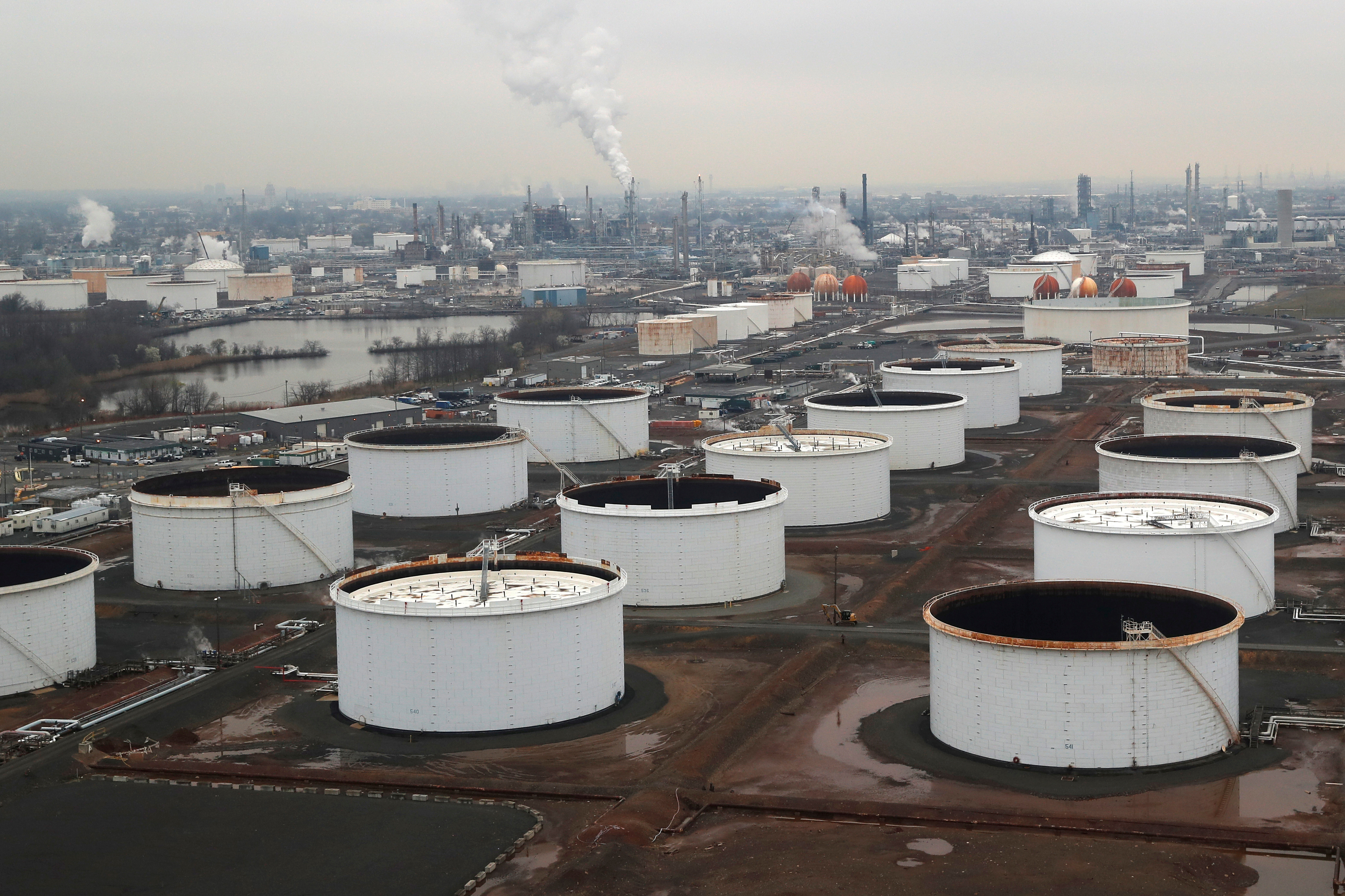 General view of oil tanks and the Bayway Refinery of Phillips 66 in Linden