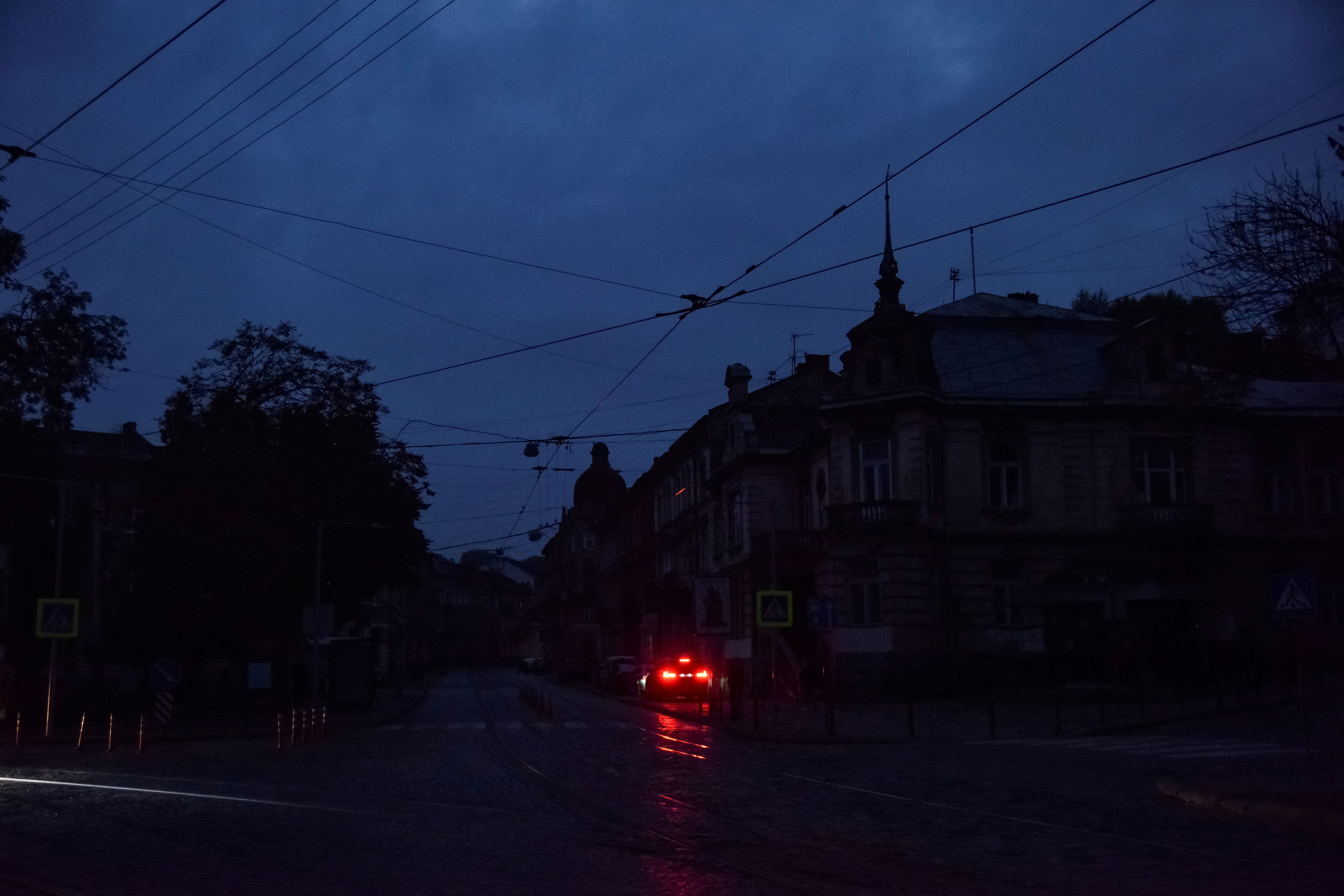 View shows a city without electricity after a Russian missile attack in Lviv