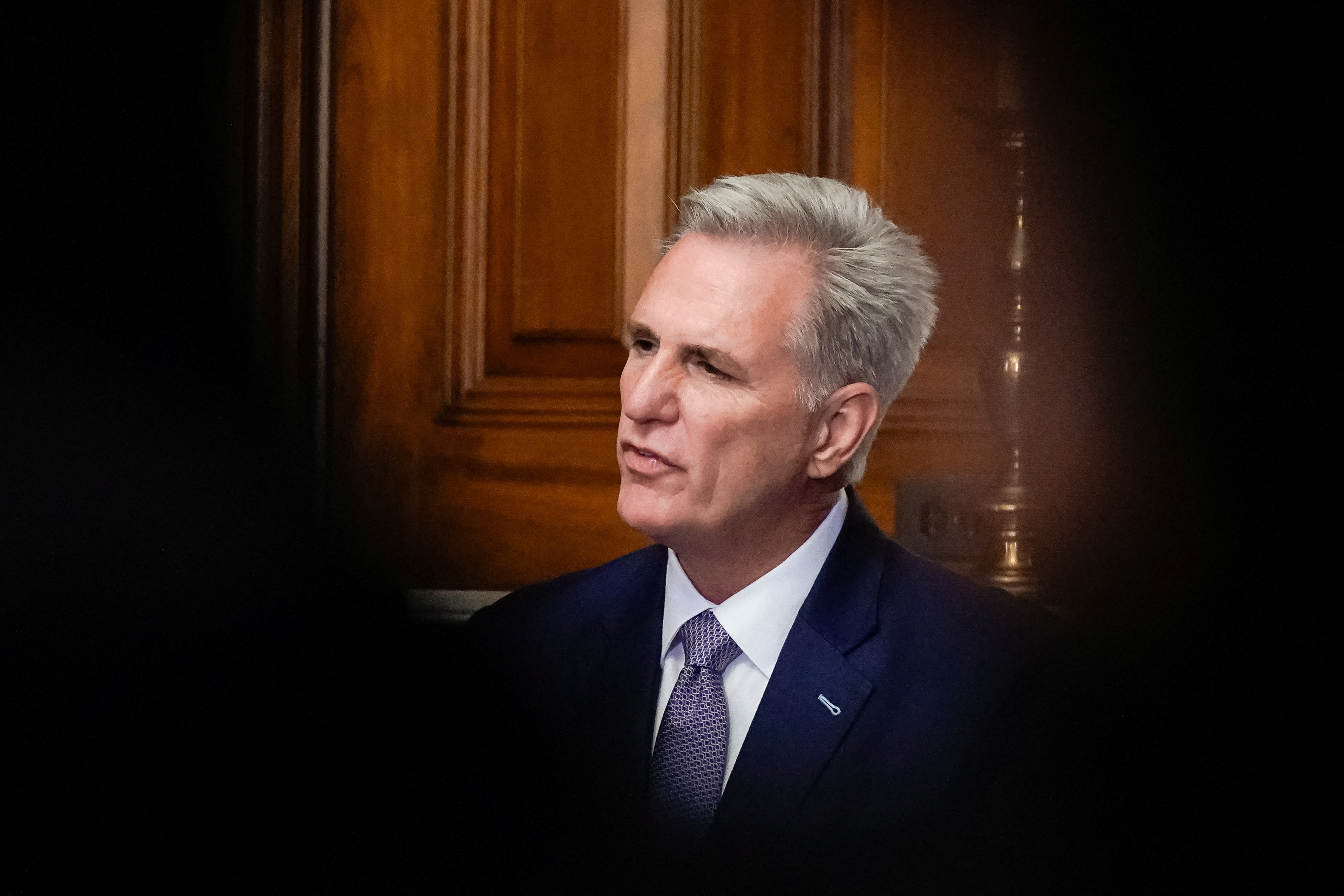 U.S. House Speaker Kevin McCarthy speaks to reporters in the U.S. Capitol after the House of Representatives passed a stopgap government funding bill to avert an immediate government shutdown, on Capitol Hill