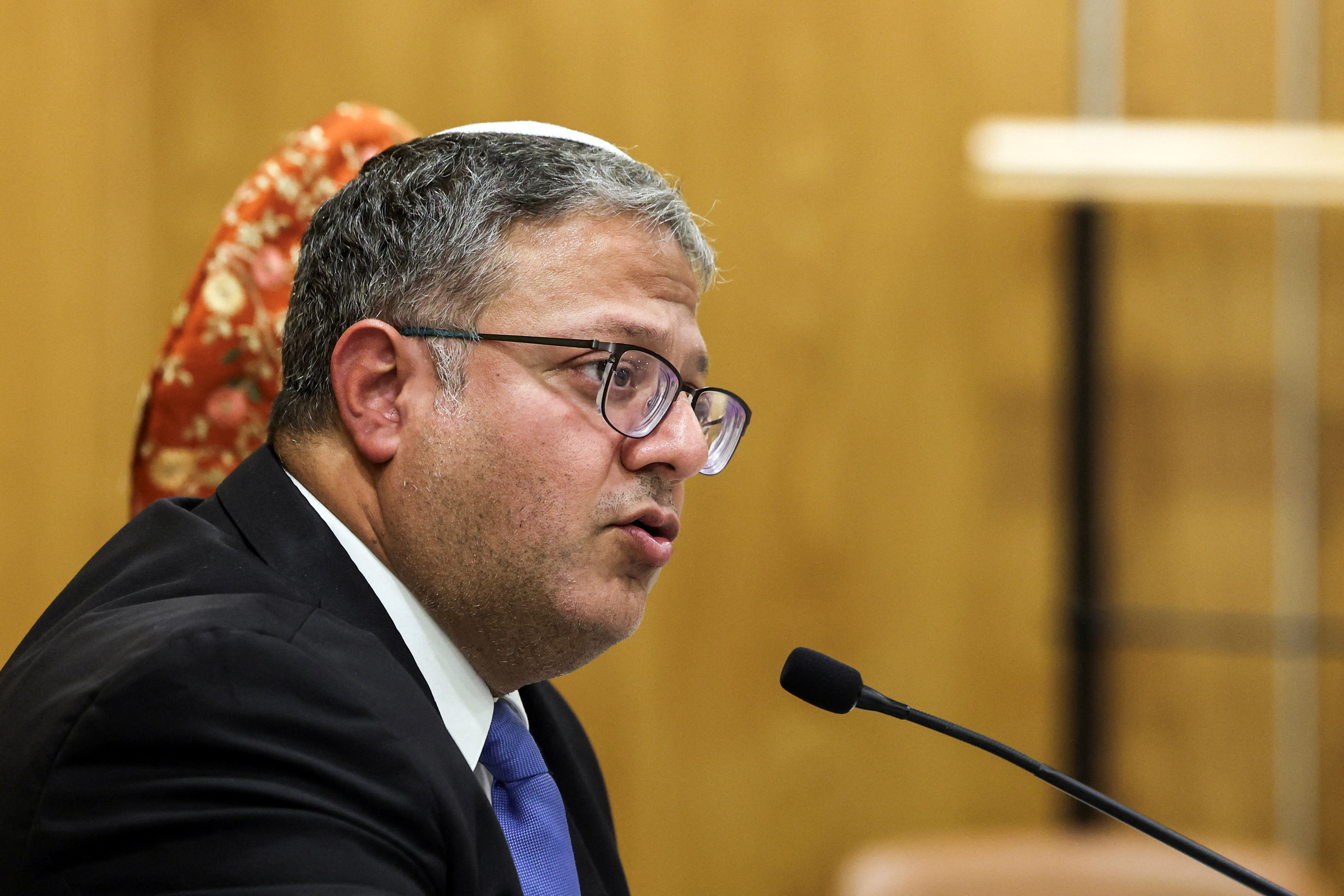 Israeli National Security Minister Itamar Ben-Gvir attends his party faction meeting at the Knesset, Israel's parliament, in Jerusalem