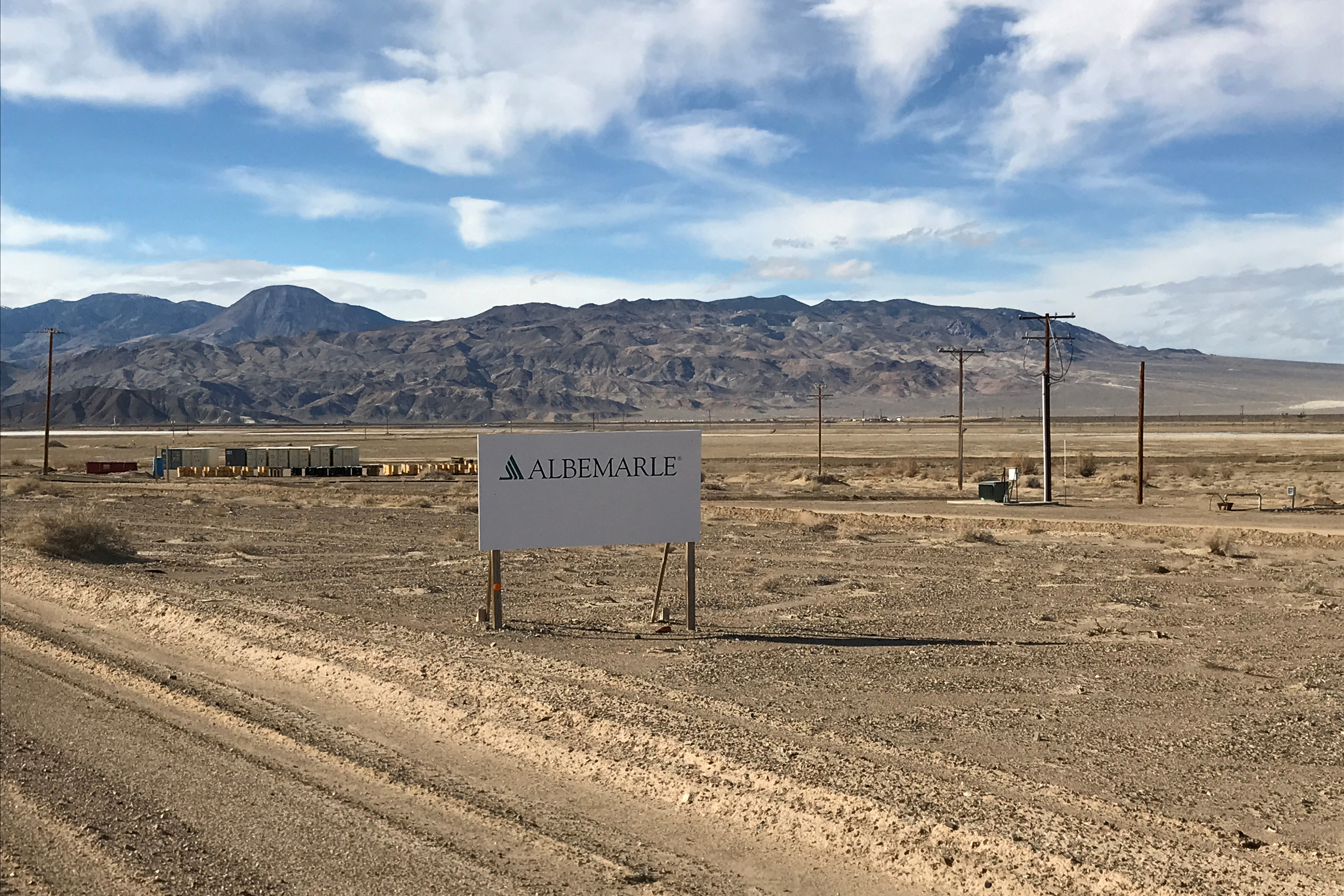 A sign at the approach road leads to Albemarle's lithium evaporation ponds at its facility in Silver Peak