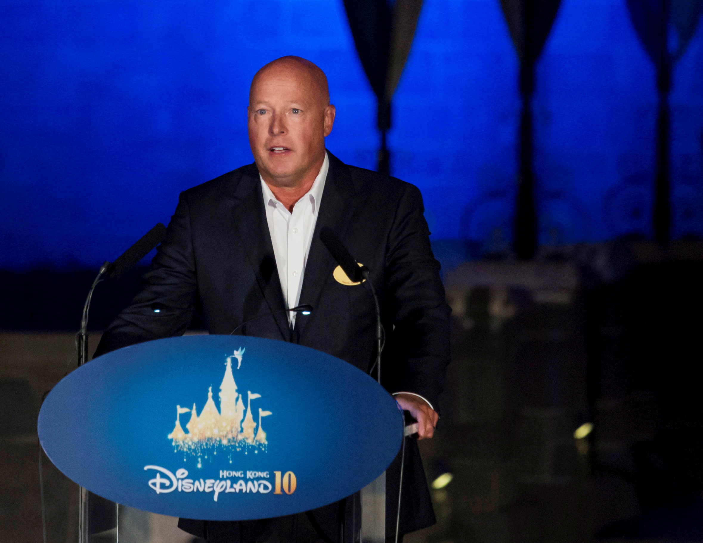 FILE PHOTO: Bob Chapek, chairman of Walt Disney Parks and Resorts, speaks during the 10th anniversary ceremony of Hong Kong Disneyland in Hong Kong